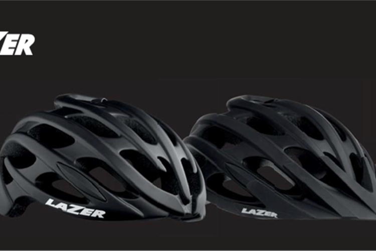 Black cycling helmets displayed side by side with the logo "LAZER" above them, set against a dark background.