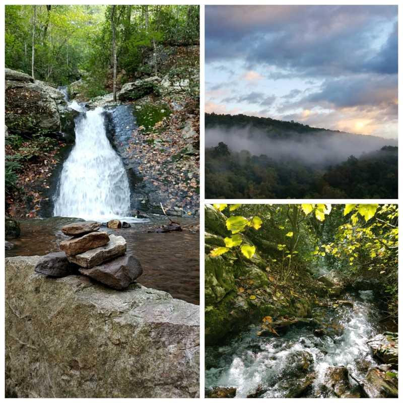 A collage of nature scenes featuring a cascading waterfall in a forested area, a serene mountain landscape with fog and clouds at sunset, and a close-up view of a stream flowing over rocks surrounded by greenery. Douthat State Park mountain bike trail.