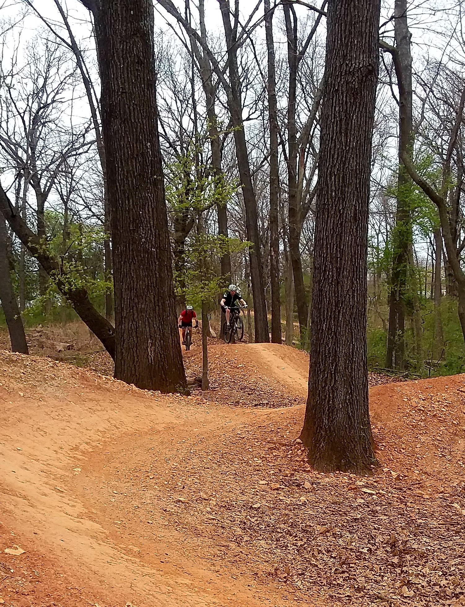 Two mountain bikers riding on a dirt trail through a wooded area, surrounded by tall trees. The path is curved and lined with fallen leaves, indicating an outdoor recreational setting. Slaughter Pen Trail mountain bike trail.