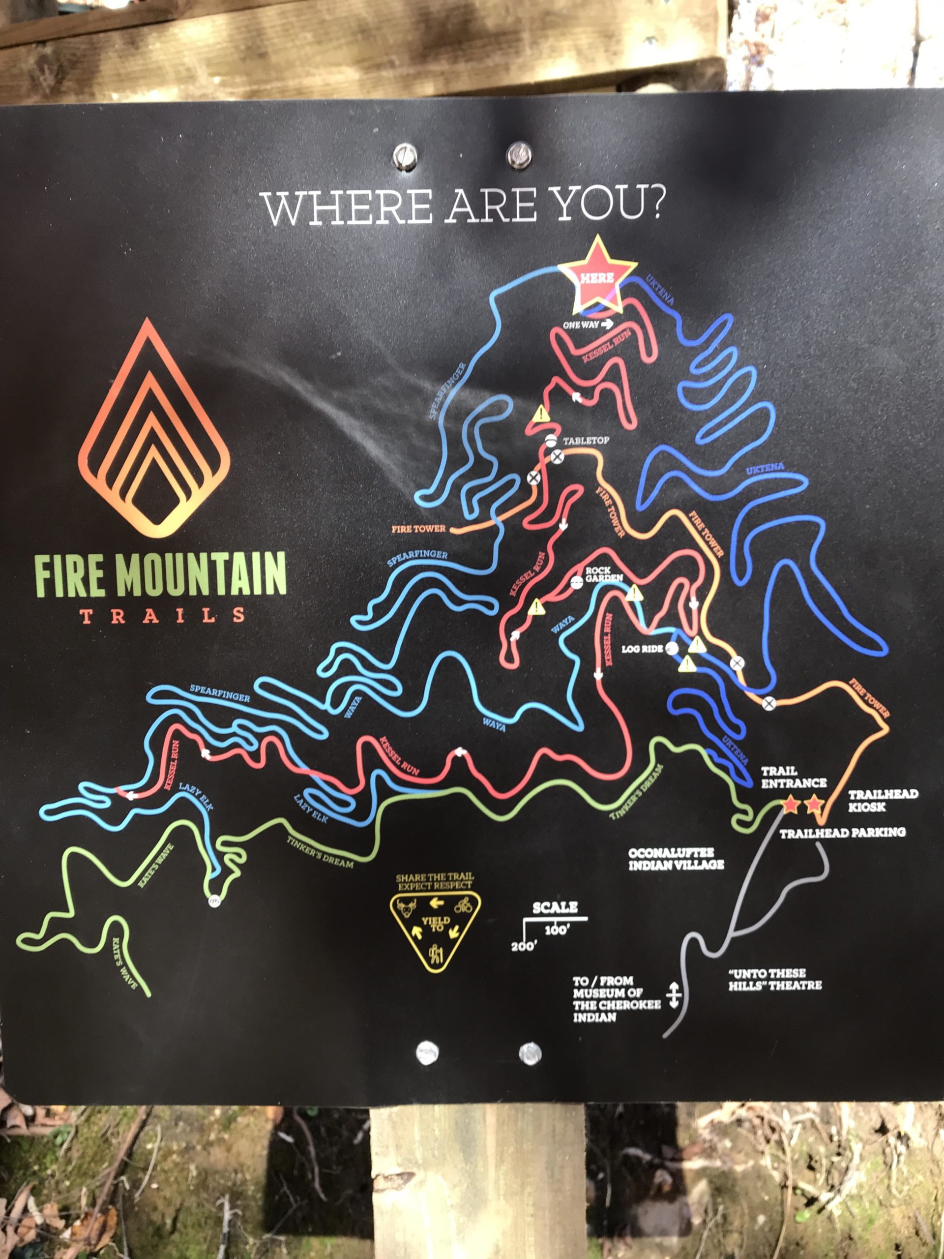A trail map for Fire Mountain Trails displaying various hiking paths and landmarks. The map features a prominent "You Are Here" indicator, several colored trails, and key locations such as the Fire Tower, Table Stop, and Trailhead Parking. The scale is provided at the bottom, along with information about trail etiquette and nearby points of interest including the Museum of the Cherokee Indian and "Unto These Hills" Theatre. Fire Mountain Trail System mountain bike trail.
