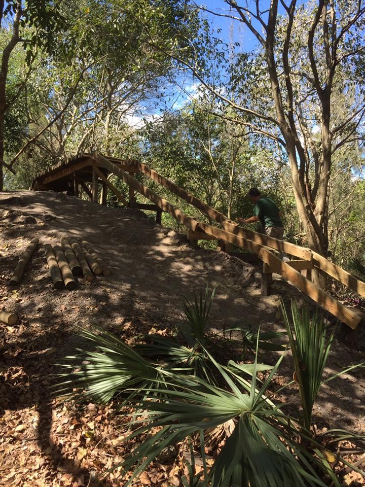 A man working on a wooden ramp leading up a hillside, surrounded by trees and lush greenery. Brown leaves are scattered on the ground, and bamboo poles are laid on the dirt near the ramp's base. Markham Park mountain bike trail.