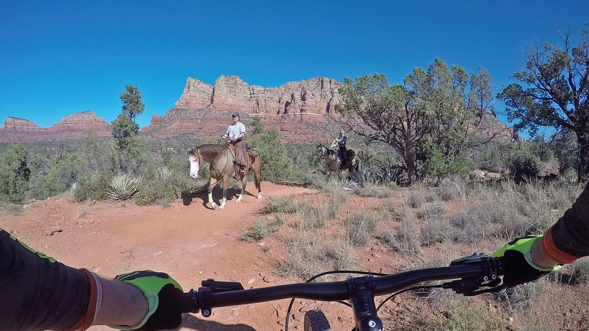 A view from a mountain bike trail showing two horseback riders on a dirt path surrounded by trees and desert vegetation, with red rock formations in the background under a clear blue sky. The handlebars of the bike are visible in the foreground. Bell Rock Area Trails mountain bike trail.