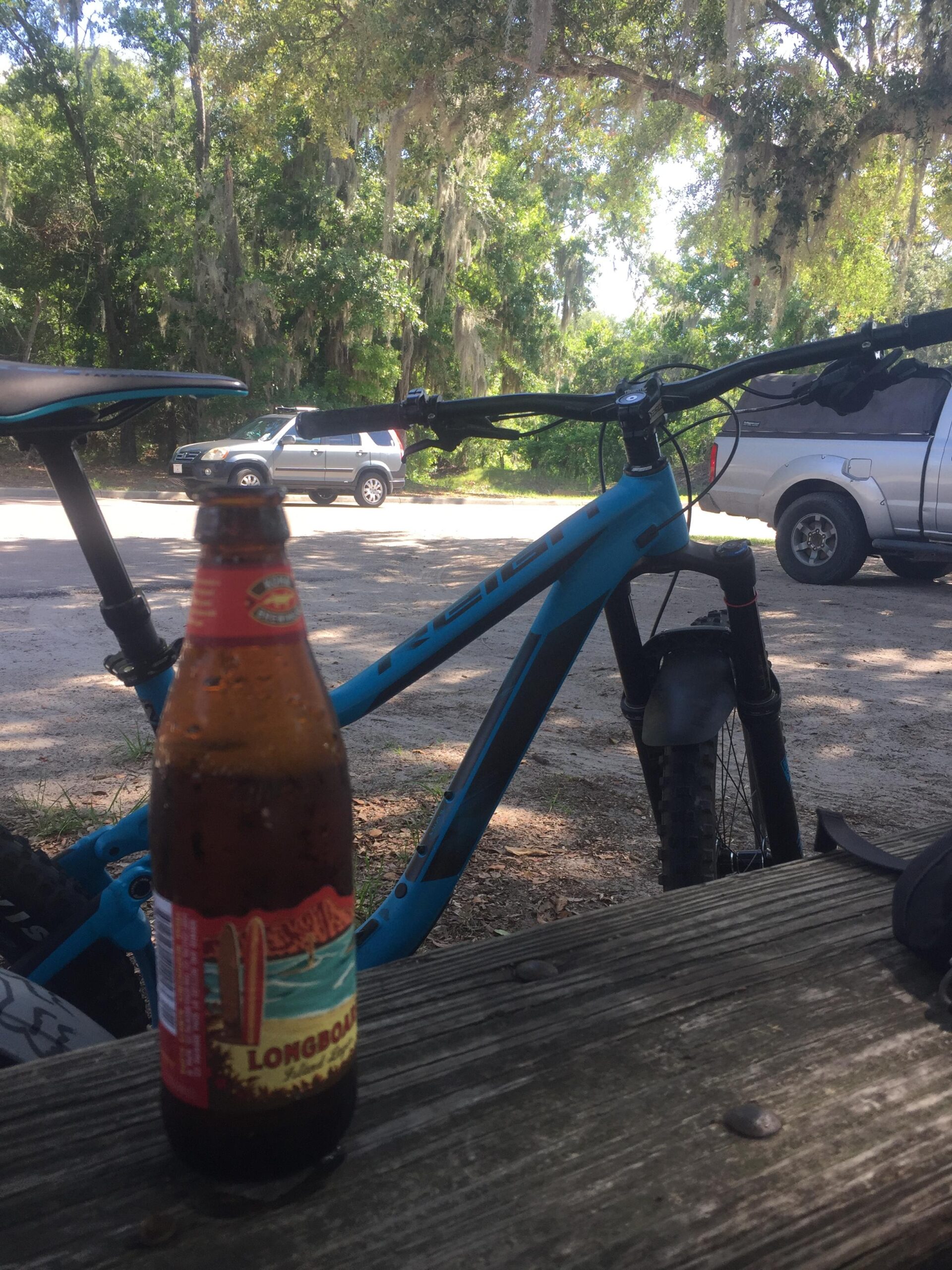 Giant Reign: A blue mountain bike is positioned next to a wooden table with a bottle of Longboard beer in the foreground. In the background, there are green trees draped with Spanish moss, and a parked car is visible on a sunlit road.