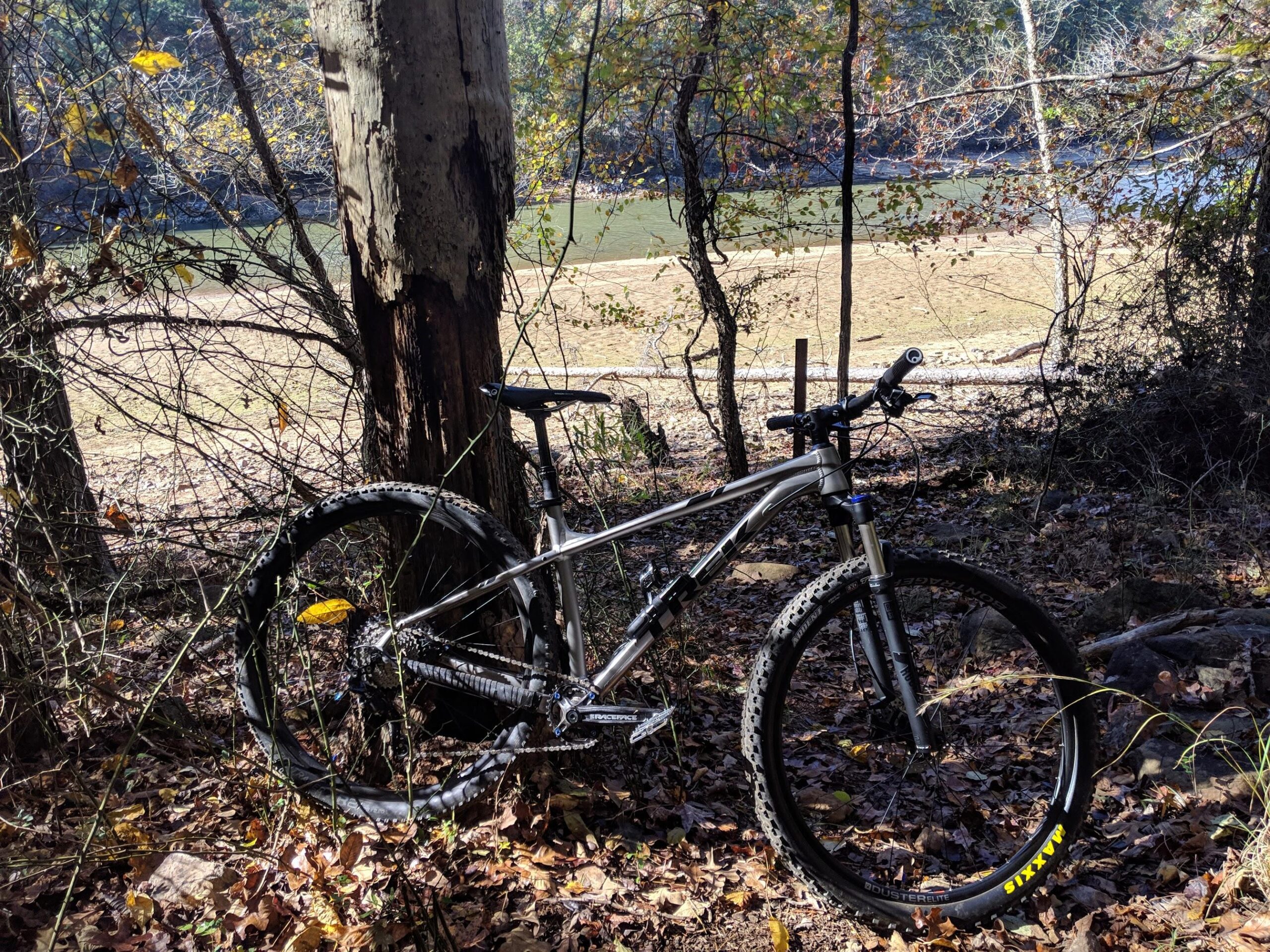 Trek X-Caliber 8: A silver mountain bike leaning against a tree in a forested area, surrounded by fallen leaves. In the background, a calm river is visible along with a sandy bank, indicating a scenic outdoor setting.