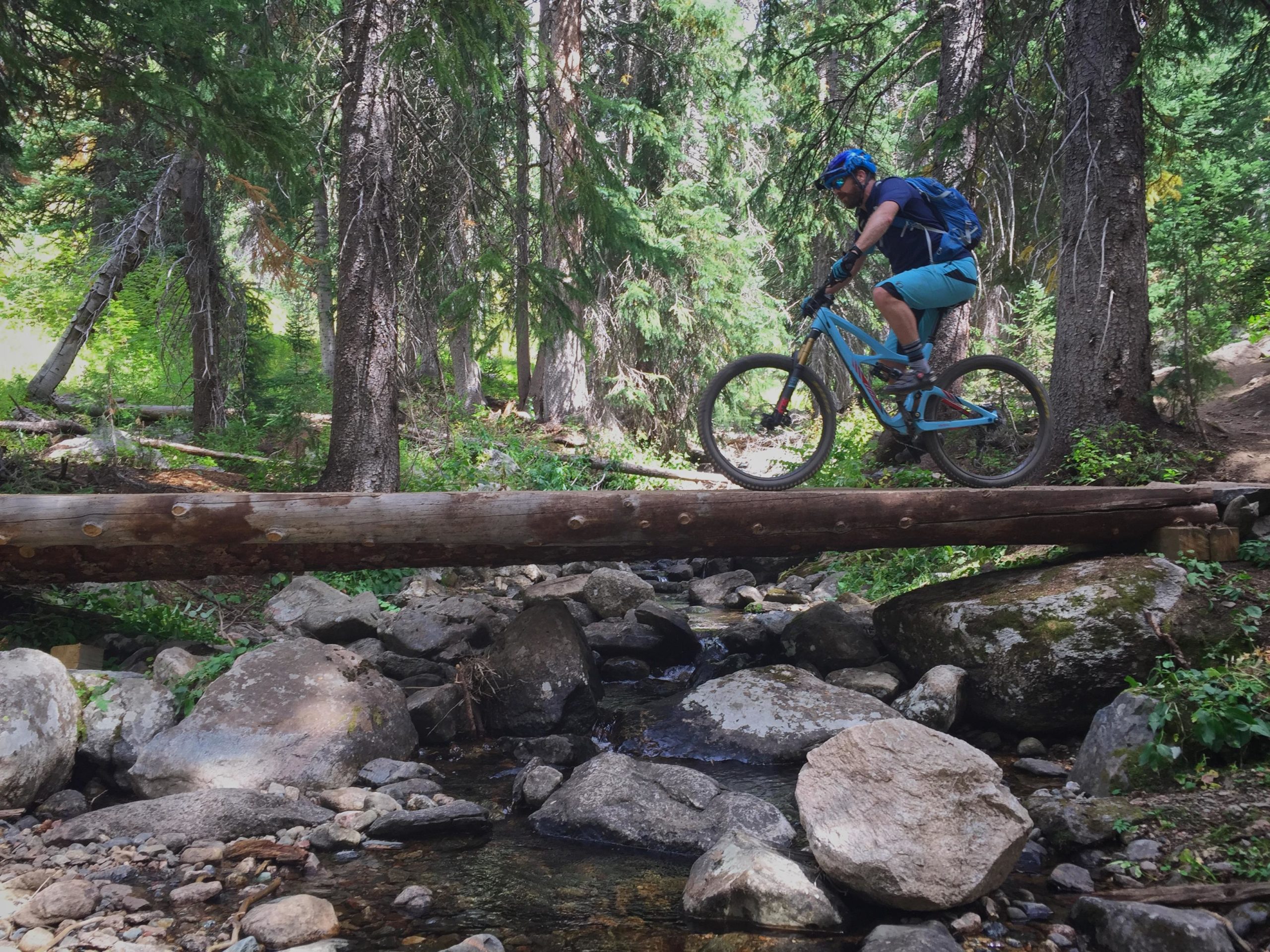A mountain biker crosses a wooden log bridge over a small stream in a lush forest setting, surrounded by tall trees and greenery. The cyclist wears a blue helmet and gear, and the scene captures the essence of outdoor adventure. Flash of Gold mountain bike trail.