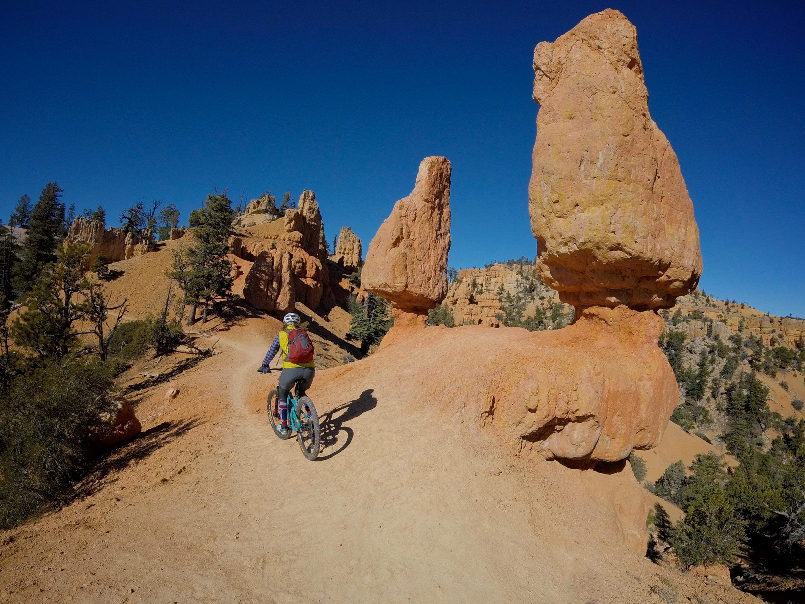 A mountain biker rides along a winding dirt trail in a rugged terrain filled with unique rock formations and trees under a clear blue sky. Thunder Mountain mountain bike trail.
