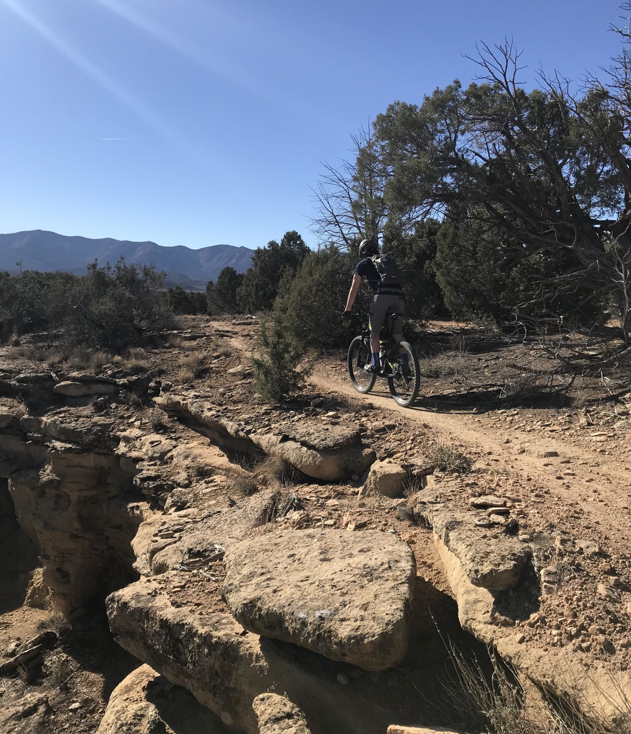 A mountain biker rides along a rocky trail surrounded by shrubs and trees, with mountains visible in the background under a clear blue sky. Phil's World mountain bike trail.