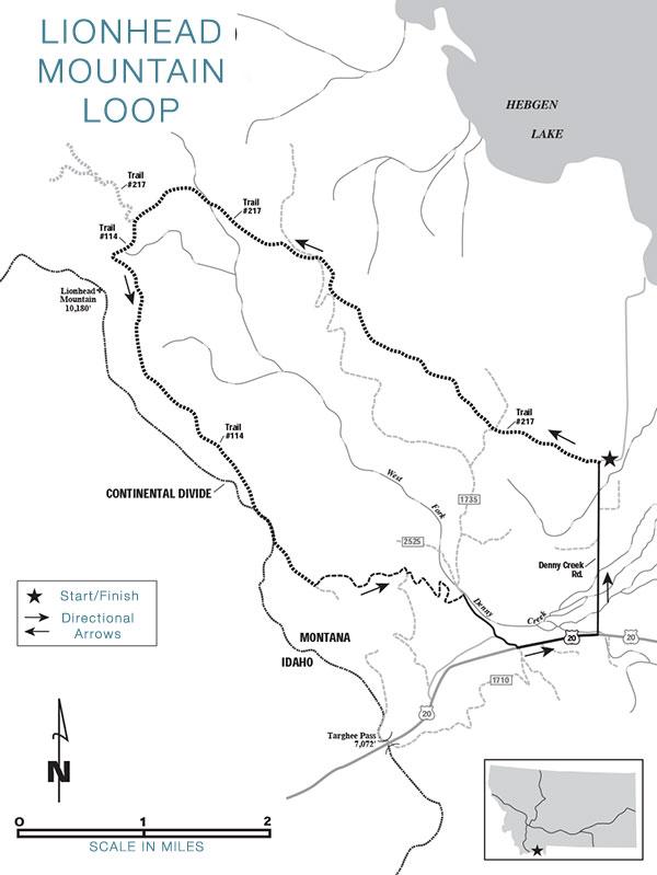 Map of the Lionhead Mountain Loop, showing various trails, including Trails #217 and #114, along with key features such as the Continental Divide, Hebgen Lake, and nearby roads. The map includes markers for the start/finish points and directional arrows, with a scale indicating distances up to 2 miles. A small inset map shows the location of the main map within Montana. Lionhead Mountain Loop mountain bike trail.