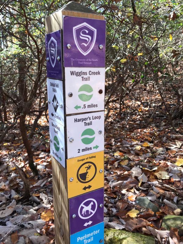 A trail marker post in a wooded area, featuring signs for multiple trails including Wiggins Creek Trail (.5 miles), Harper