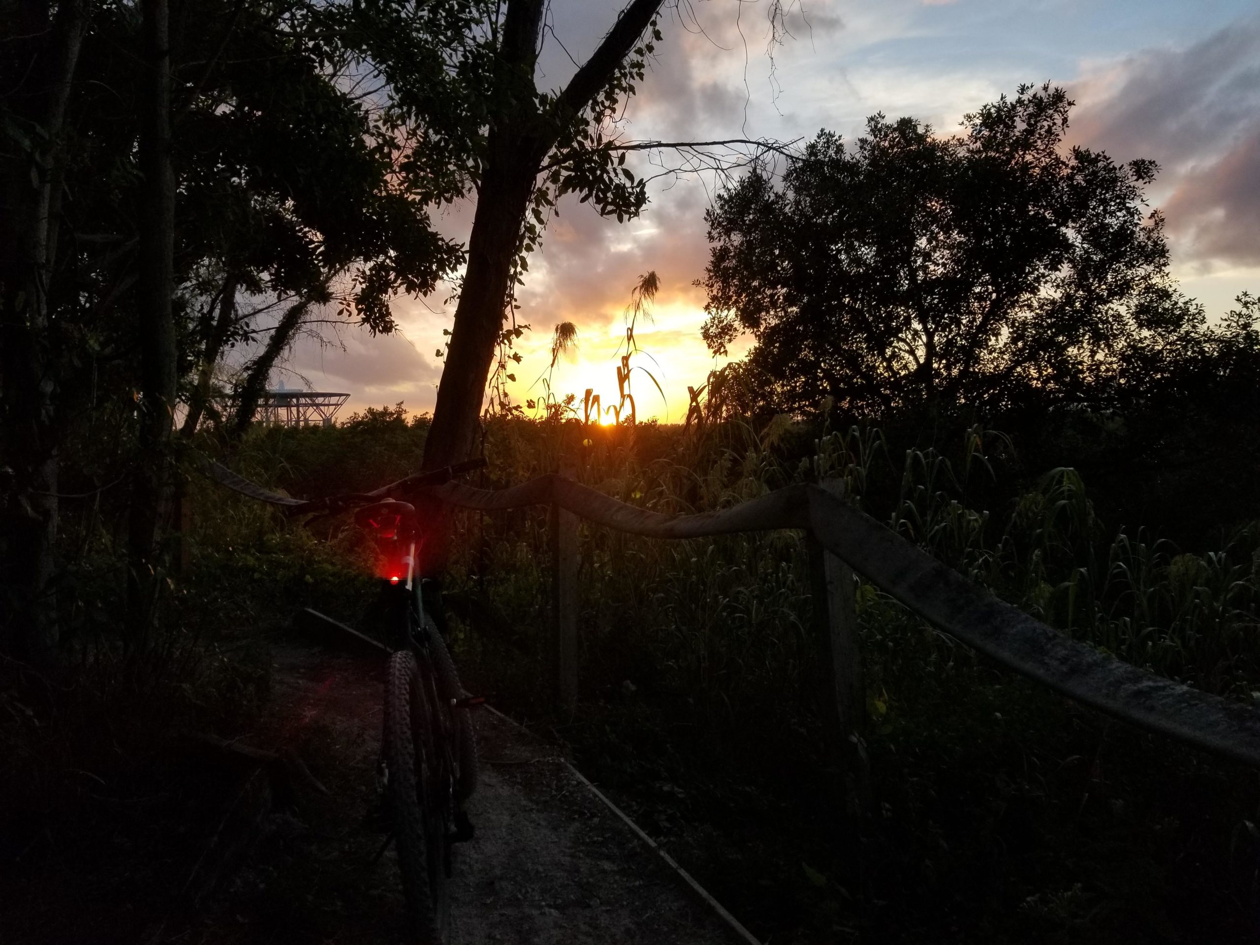 A scenic view featuring a mountain bike parked on a narrow pathway, illuminated by a red light. The background showcases vibrant sunset colors between trees, with silhouettes of foliage and a distant structure. Virginia Key North Point mountain bike trail.