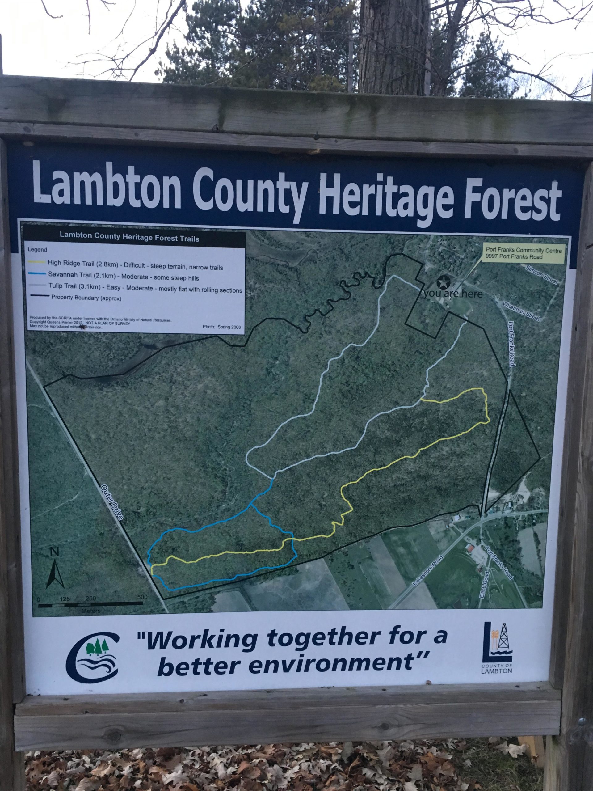 Sign at Lambton County Heritage Forest displaying trail information. It includes a map showing three trails: High Ridge Trail (2.8 km, difficult), Savannah Trail (2.1 km, moderate), and Tulip Trail (1.3 km, easy). The legend indicates trail difficulty levels and notable features. The sign emphasizes collaboration for environmental betterment. Lambton County Heritage Forest mountain bike trail.