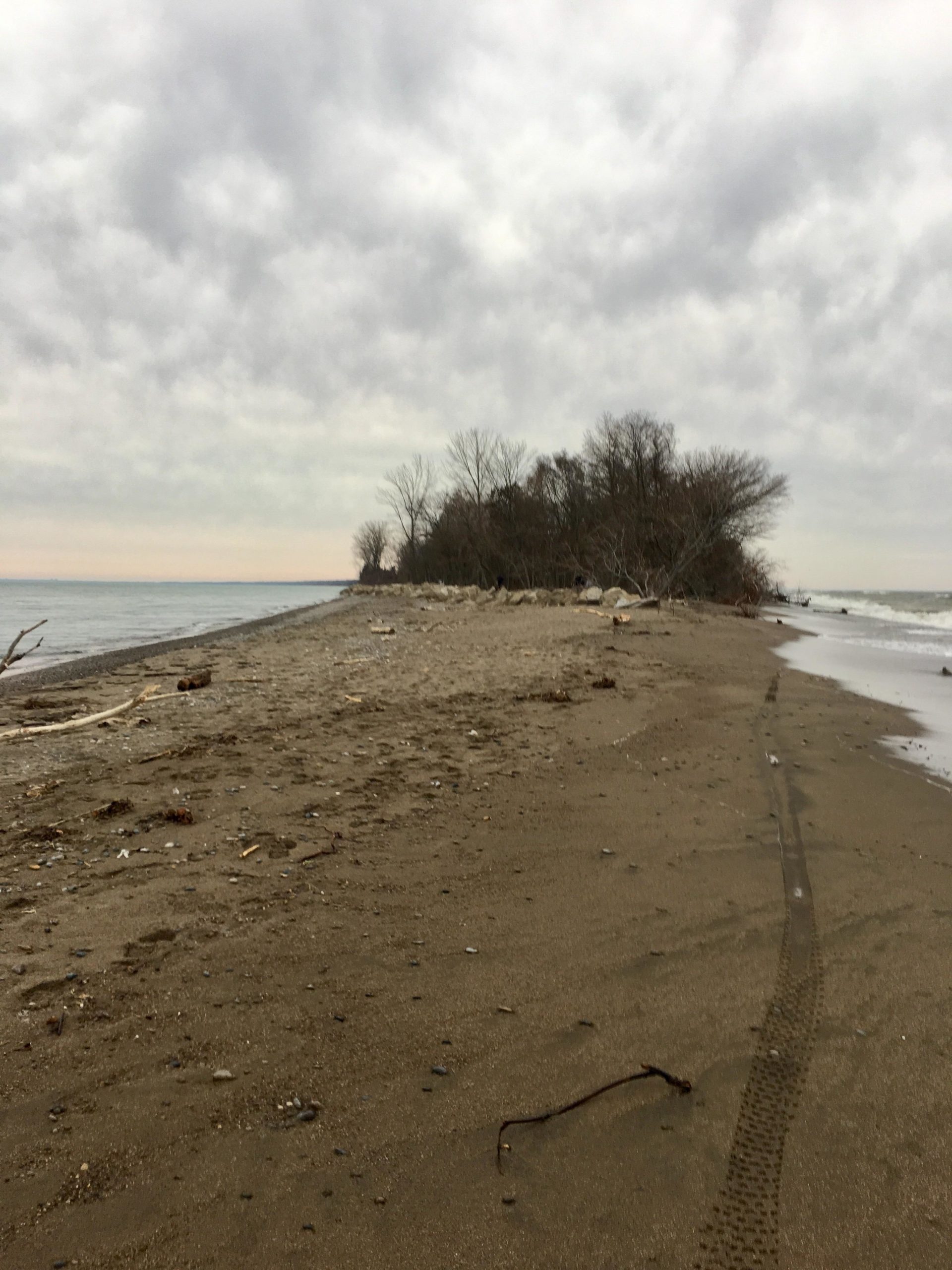 A sandy beach with a narrow strip of land leading to a small wooded area, under a cloudy sky. Gentle waves lap at the shore, and scattered debris is visible on the sand. The scene conveys a tranquil, yet slightly overcast atmosphere. Point Pelee National Park mountain bike trail.