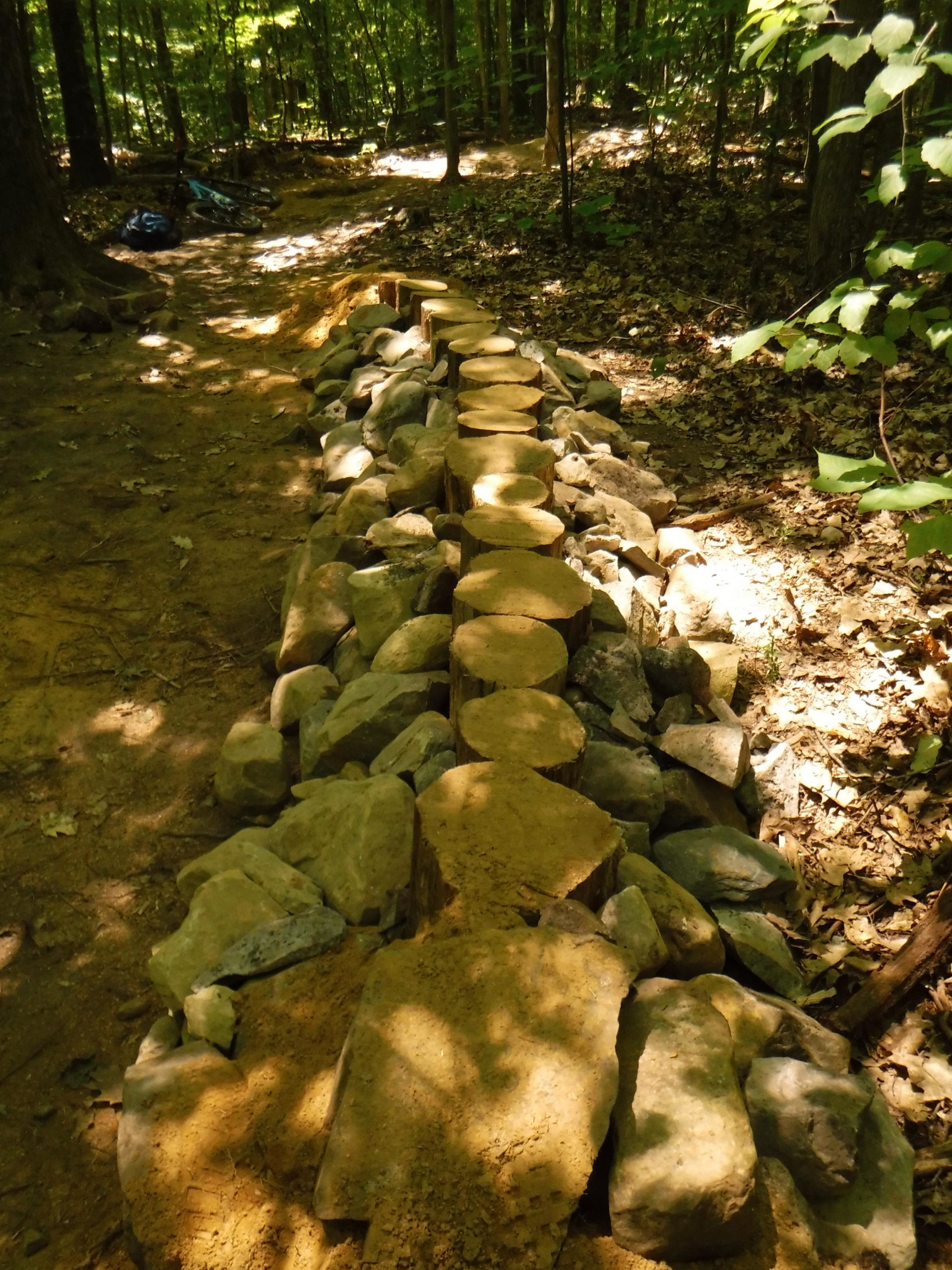 A dirt trail in a wooded area featuring a pathway bordered by a row of stacked rocks and wooden logs. Sunlight filters through the trees, casting dappled shadows on the ground. A mountain bike and backpack are visible in the background, emphasizing an outdoor recreational setting. Pine Hill Park mountain bike trail.
