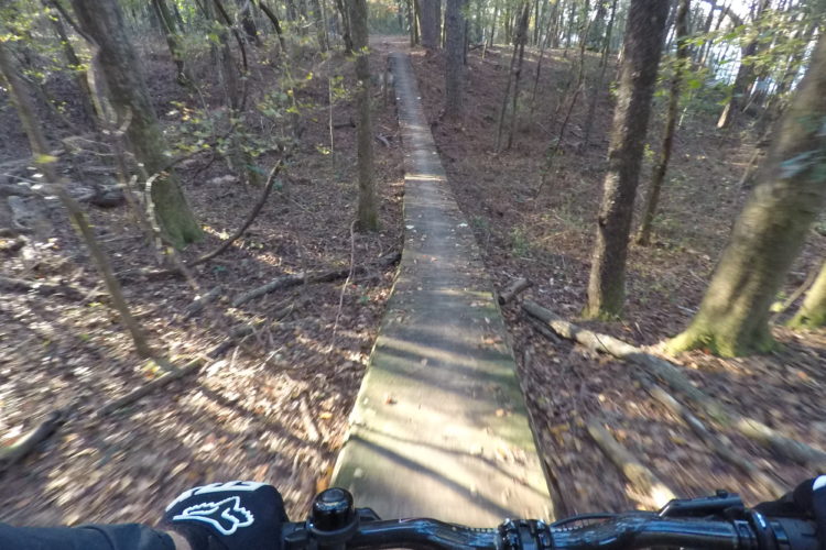 A cyclist's perspective of a narrow wooden trail winding through a forest, with trees on either side and a sense of motion, indicating a ride through a scenic outdoor path.