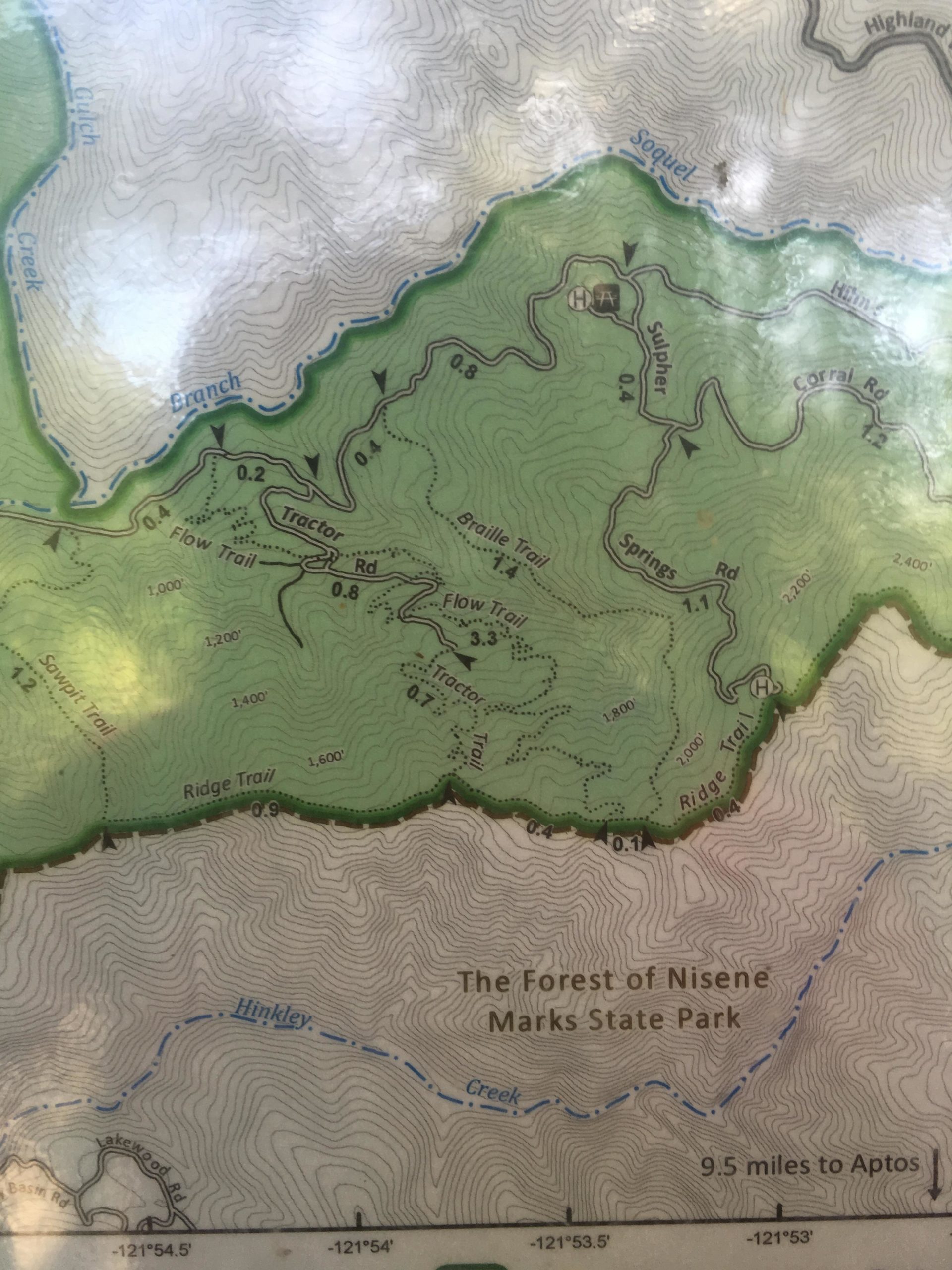 A topographic map of the Forest of Nisene Marks State Park, featuring various trails such as the Flow Trail and Braille Trail, along with elevation contours and landmarks. The map includes details like distances and a note indicating the park's proximity to the town of Aptos, located 9.5 miles away. Forest Of Nisene Marks and Soquel Demonstration Forest mountain bike trail.