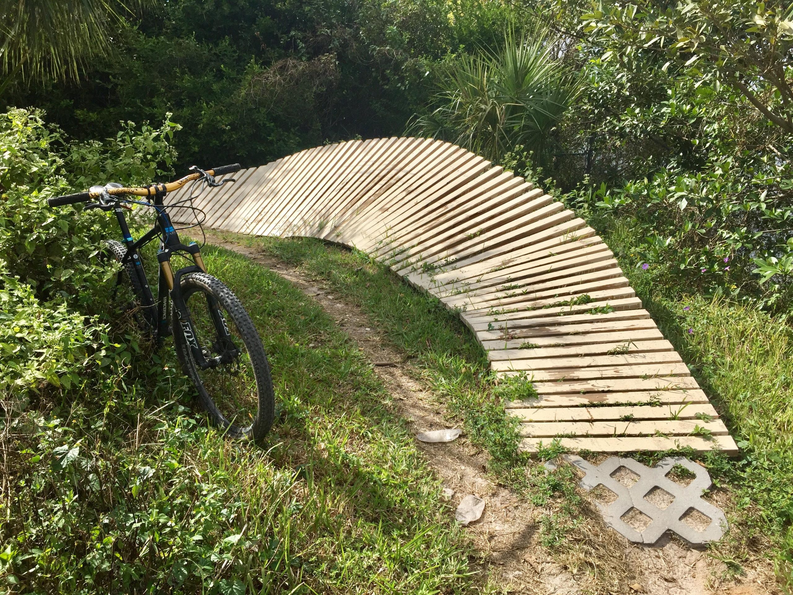 A mountain bike rests beside a winding wooden path that curves through a lush, green landscape. The trail is partially overgrown with grass and small plants, surrounded by dense foliage. In the background, a mix of trees and shrubs provides a natural setting. Quiet Waters Park mountain bike trail.