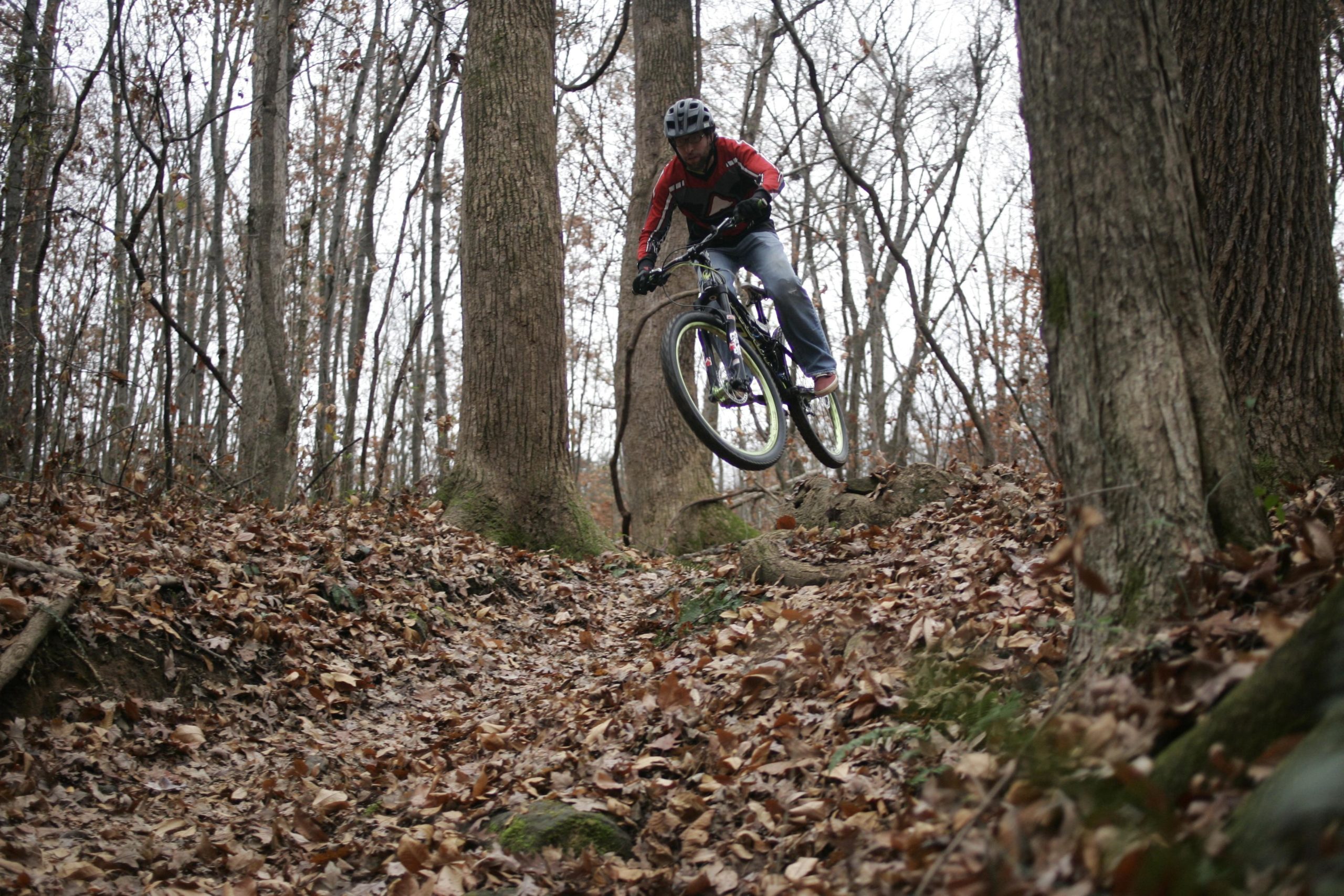 A mountain biker jumps off a rocky path covered in fallen leaves, surrounded by bare trees in a forest. The cyclist wears a helmet and a red and black jersey, displaying skill and determination in mid-air. Hobby Park mountain bike trail.