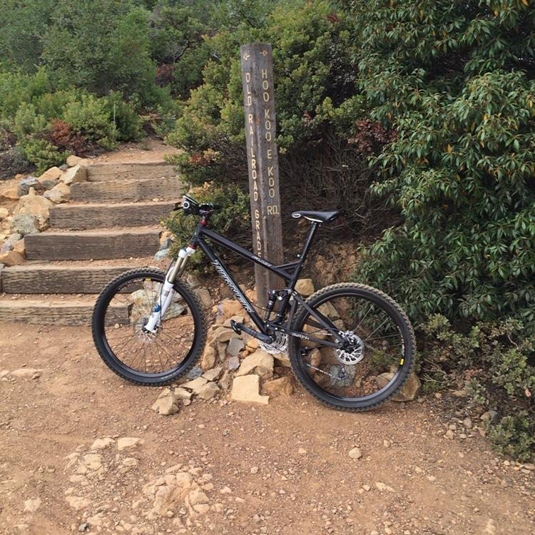 Turner Flux: A black mountain bike leaning against a wooden signpost with directional arrows, located near a set of rustic wooden stairs in a natural outdoor setting. Surrounding the scene are green bushes and rocky terrain. The sign indicates the directions for "Old Railroad Grade" and "Hoo Koo E Koo Rd."