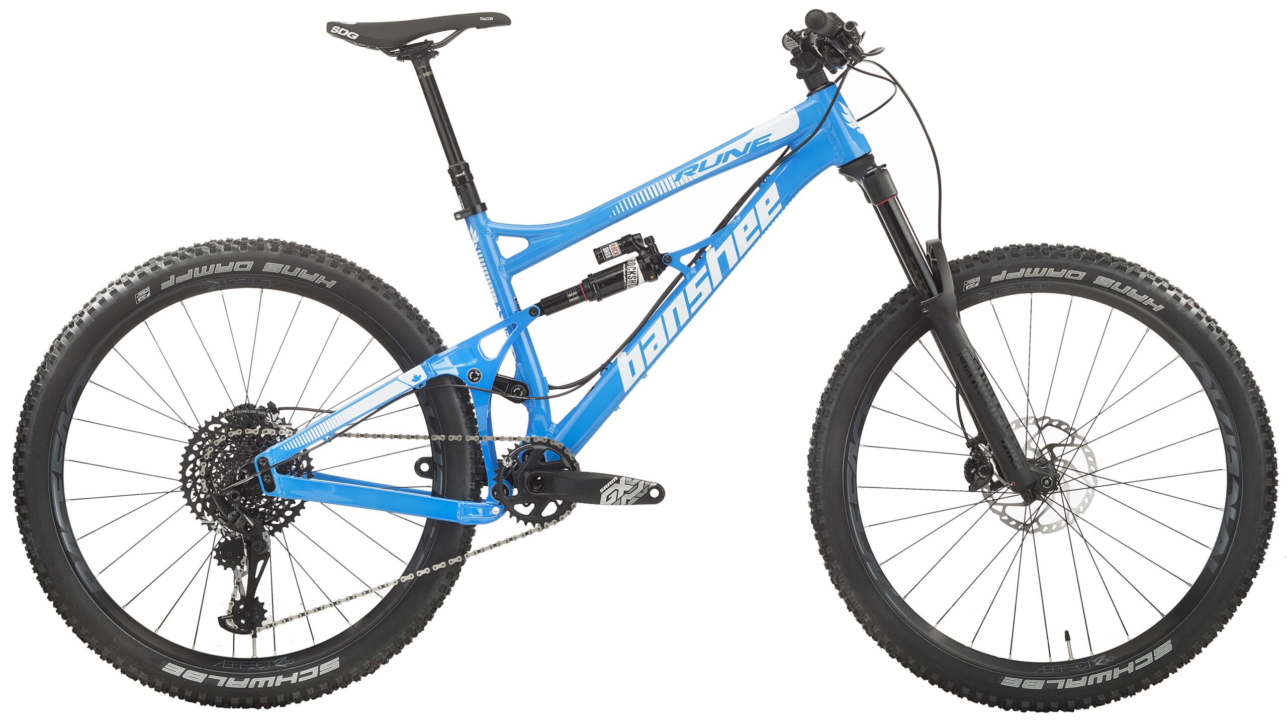 Banshee Rune: A blue mountain bike with a full suspension design, featuring large black tires and disc brakes. The bike has a sleek frame with the brand name "Banshee" prominently displayed. It includes a dropper post and a gear system with a rear derailleur, ideal for off-road cycling.