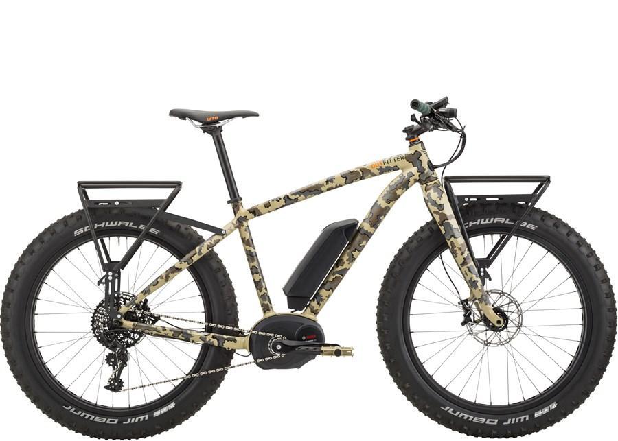 Felt Outfitter: A camouflaged fat tire electric bike with a sturdy frame, large tires, and a built-in battery pack. The bike features a rear rack for carrying cargo and is designed for off-road riding.
