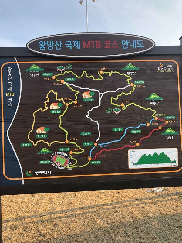 Map of the Wangbangsan International MTB course, featuring various bike trail routes, distances, and elevation profiles. The map outlines different paths around Mount Wangbang and surrounding areas, indicating the starting points, trail lengths, and notable landmarks. DDC Stadium Network mountain bike trail.
