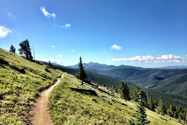 A winding dirt path leads through a lush green landscape, surrounded by rolling hills and distant mountains under a clear blue sky with a few fluffy clouds. The terrain features patches of grass and scattered trees, creating a serene outdoor setting ideal for hiking.