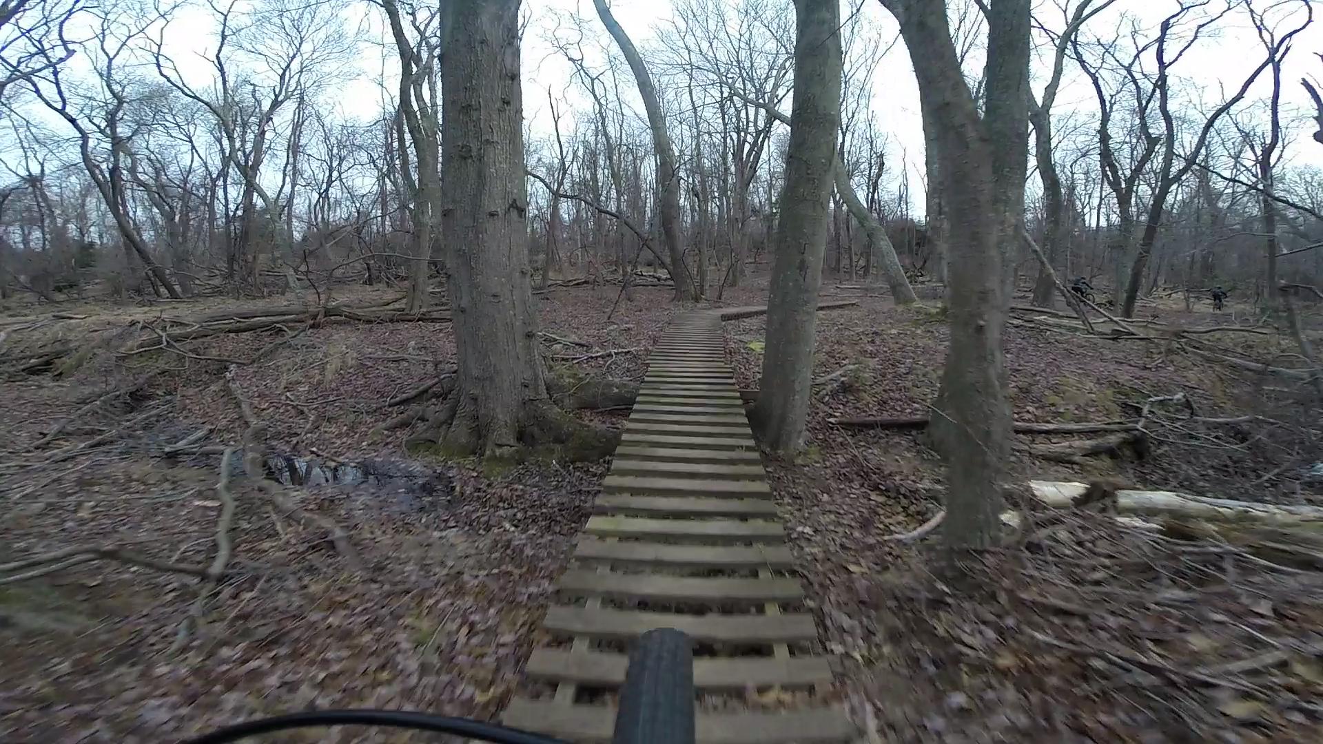A wooden boardwalk path winding through a forest, surrounded by bare trees and scattered leaves on the ground, with a glimpse of a stream on the left. The perspective is from the handlebars of a bike, suggesting a sense of motion and adventure in a natural setting. Allaire State Park mountain bike trail.
