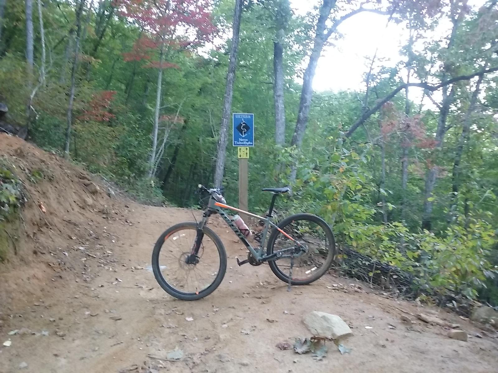 A mountain bike is parked on a dirt trail surrounded by dense green foliage and trees, with hints of fall colors. A trail sign is visible in the background, indicating the path for mountain biking. The scene conveys a peaceful outdoor setting ideal for biking adventures. Fire Mountain Trail System mountain bike trail.