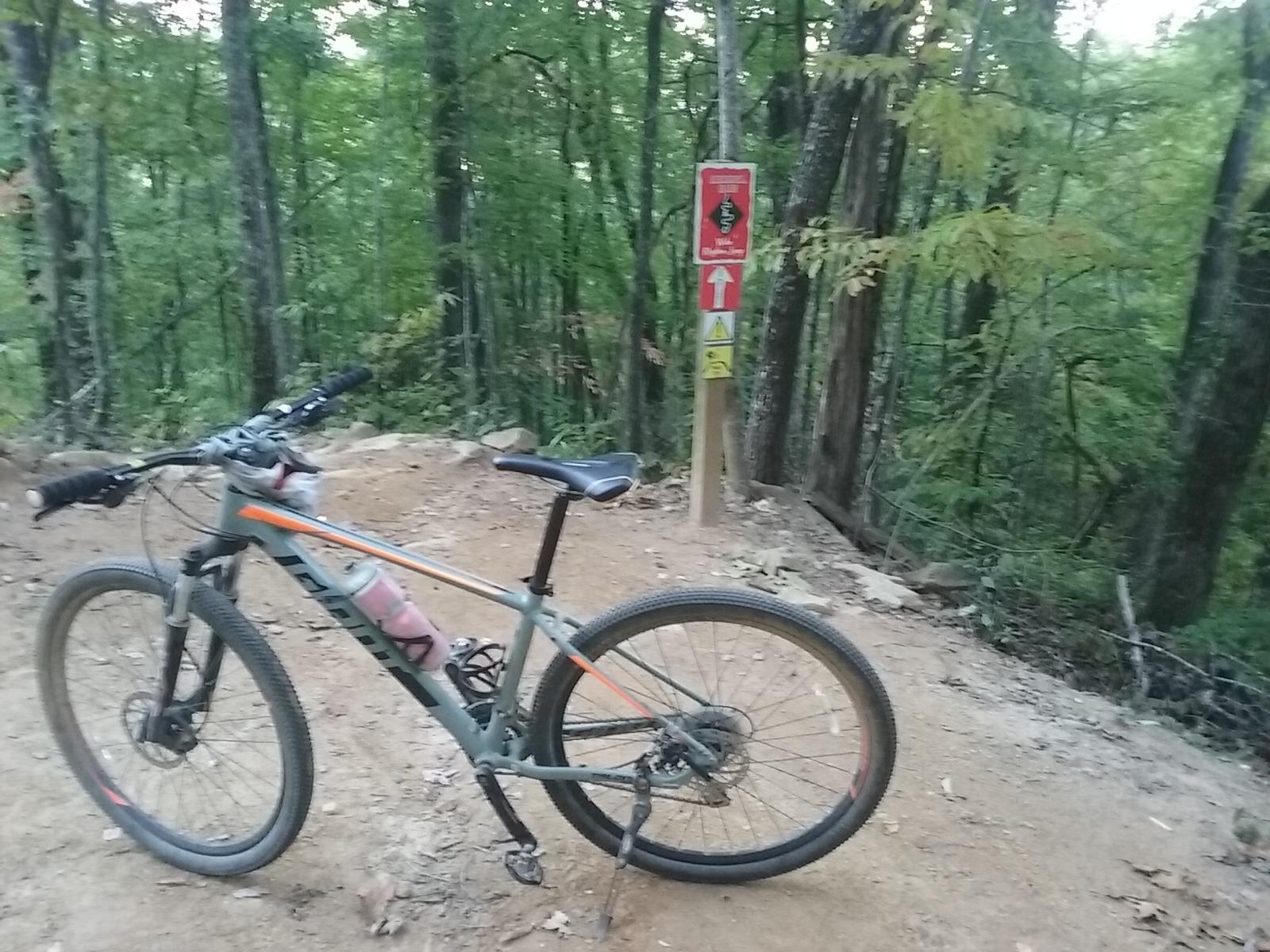 A mountain bike resting on a dirt trail surrounded by tall trees. A trail sign featuring directional arrows and caution symbols can be seen in the background, indicating the path for bikers. Fire Mountain Trail System mountain bike trail.