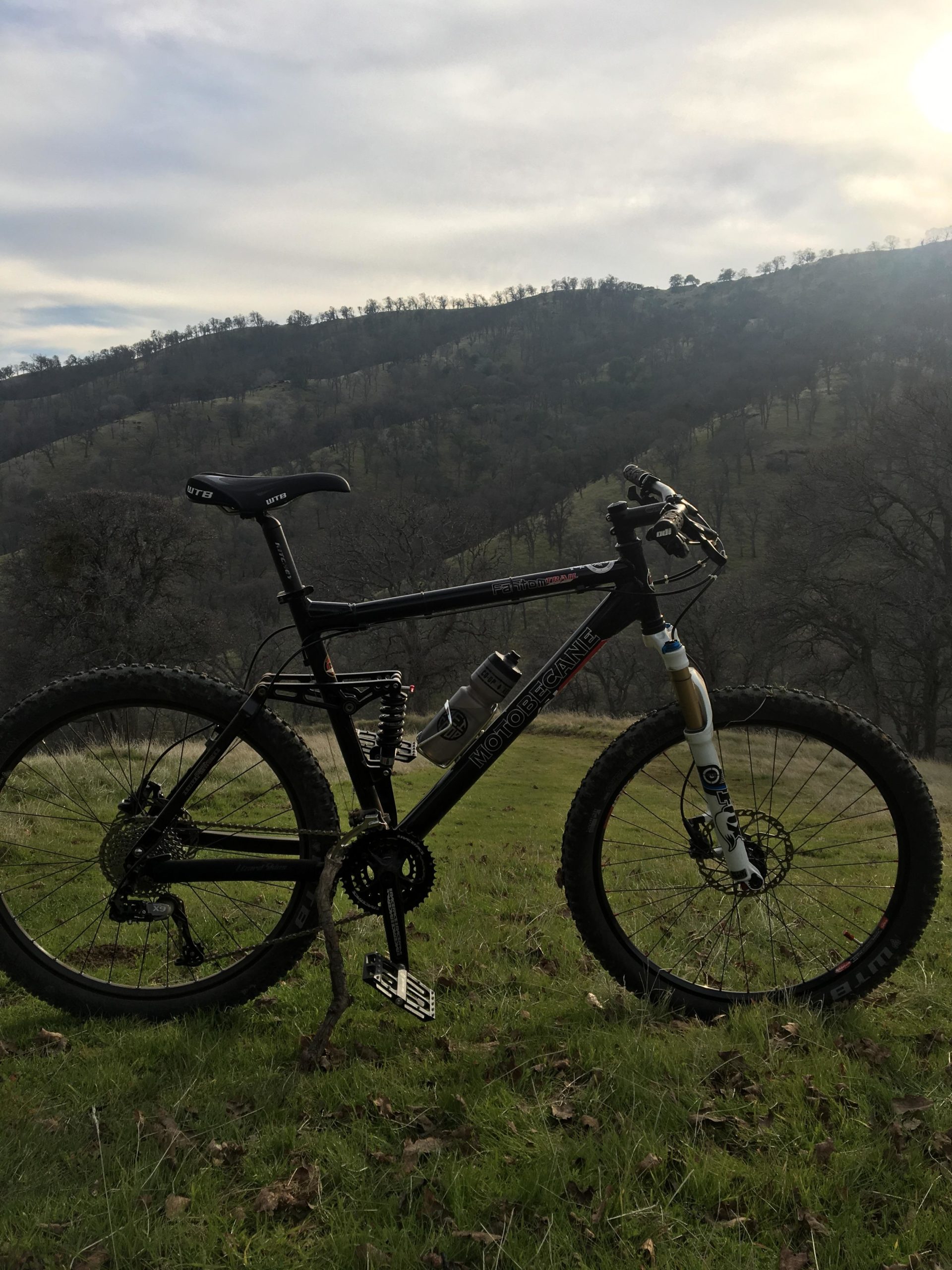 A black mountain bike resting on green grass, with a hilly landscape and leafless trees in the background under a cloudy sky. Round Valley to Morgan Territory mountain bike trail.
