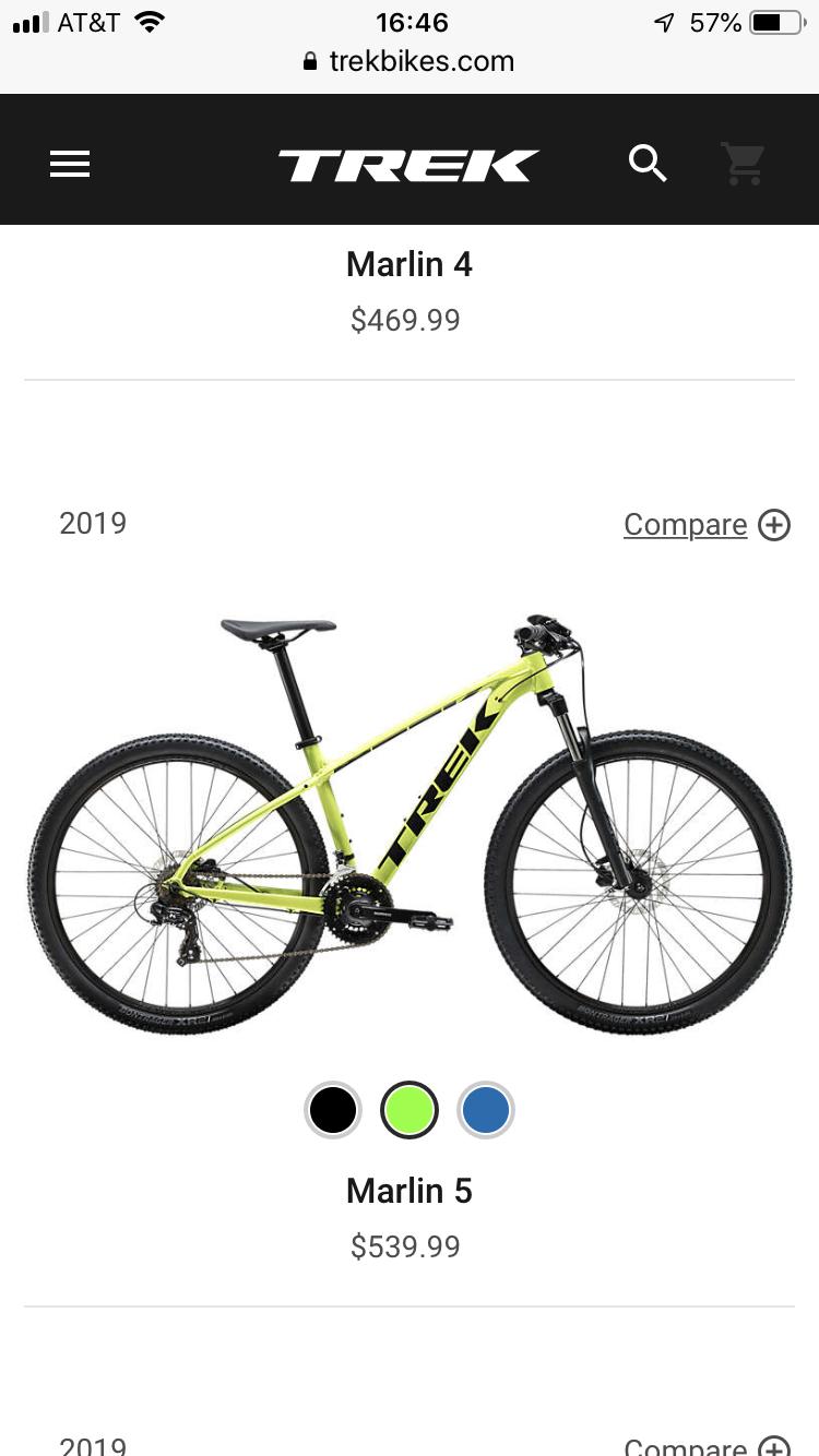 Trek Marlin 5: Image of a Trek Marlin 4 mountain bike in vibrant yellow color, displayed as part of an online catalog. The bike features rugged tires and a lightweight frame, ideal for off-road biking. Below it, there is a comparison section showing the Marlin 5 model in different color options: black, green, and blue, along with their respective prices.