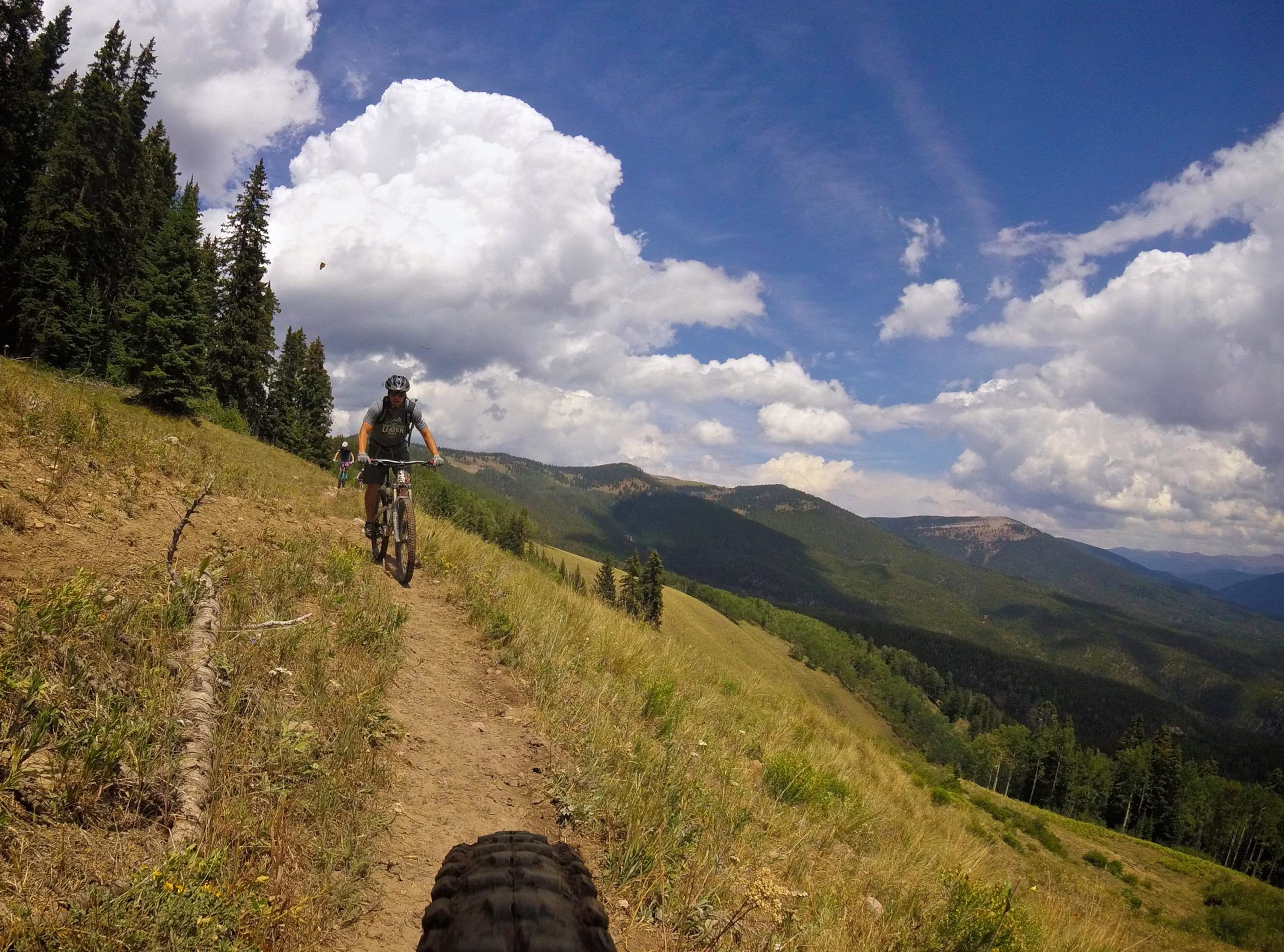 A mountain biker riding along a dirt trail on a hillside, surrounded by lush greenery and distant mountain ranges under a partly cloudy blue sky. Doctor Park mountain bike trail.