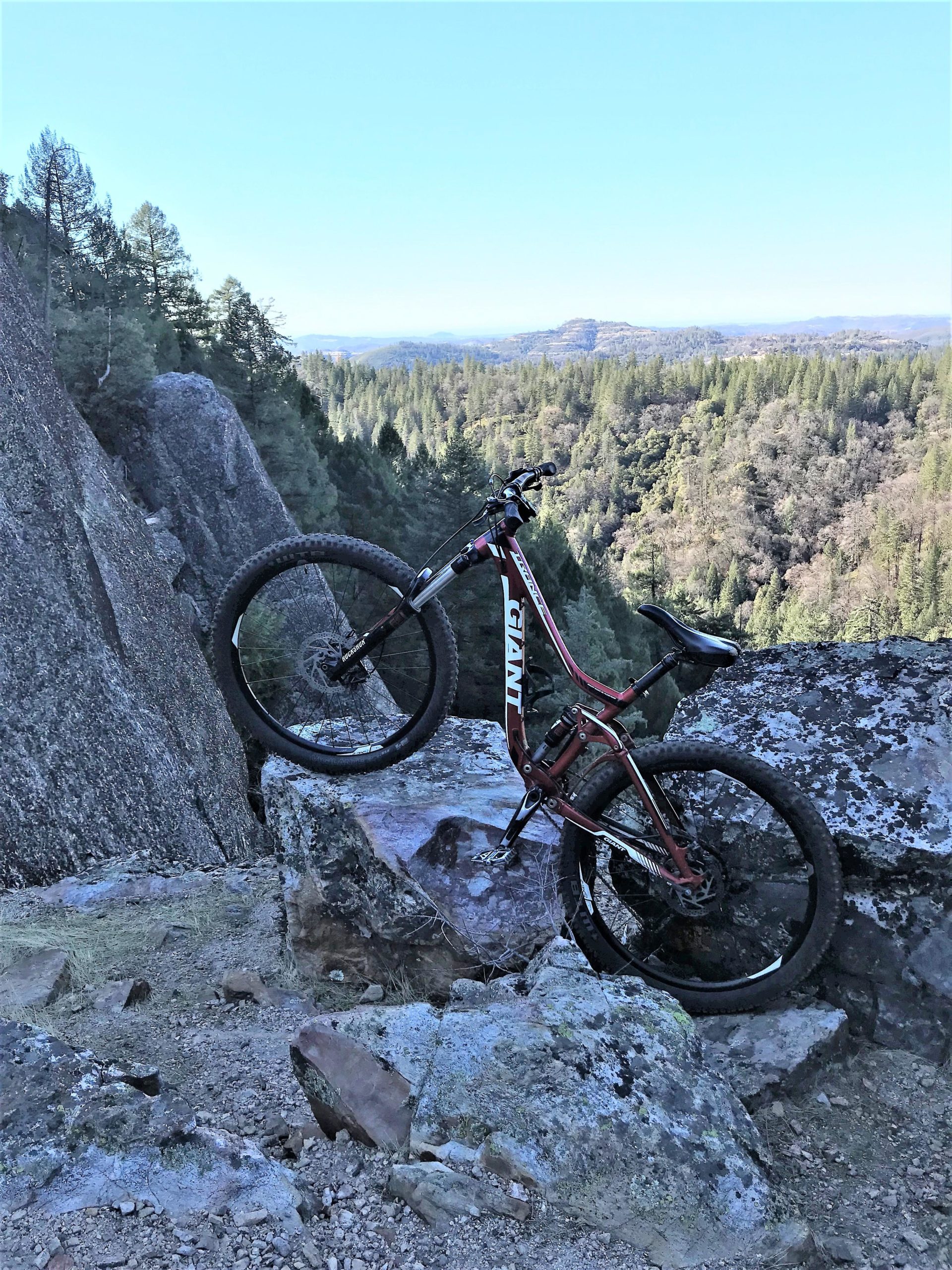 A mountain bike is positioned on a rocky outcrop overlooking a dense forested valley under a clear blue sky. The bike's front wheel rests on a large boulder, showcasing rugged terrain. In the background, a panoramic view of rolling hills and trees stretches into the distance. Top Of The World mountain bike trail.