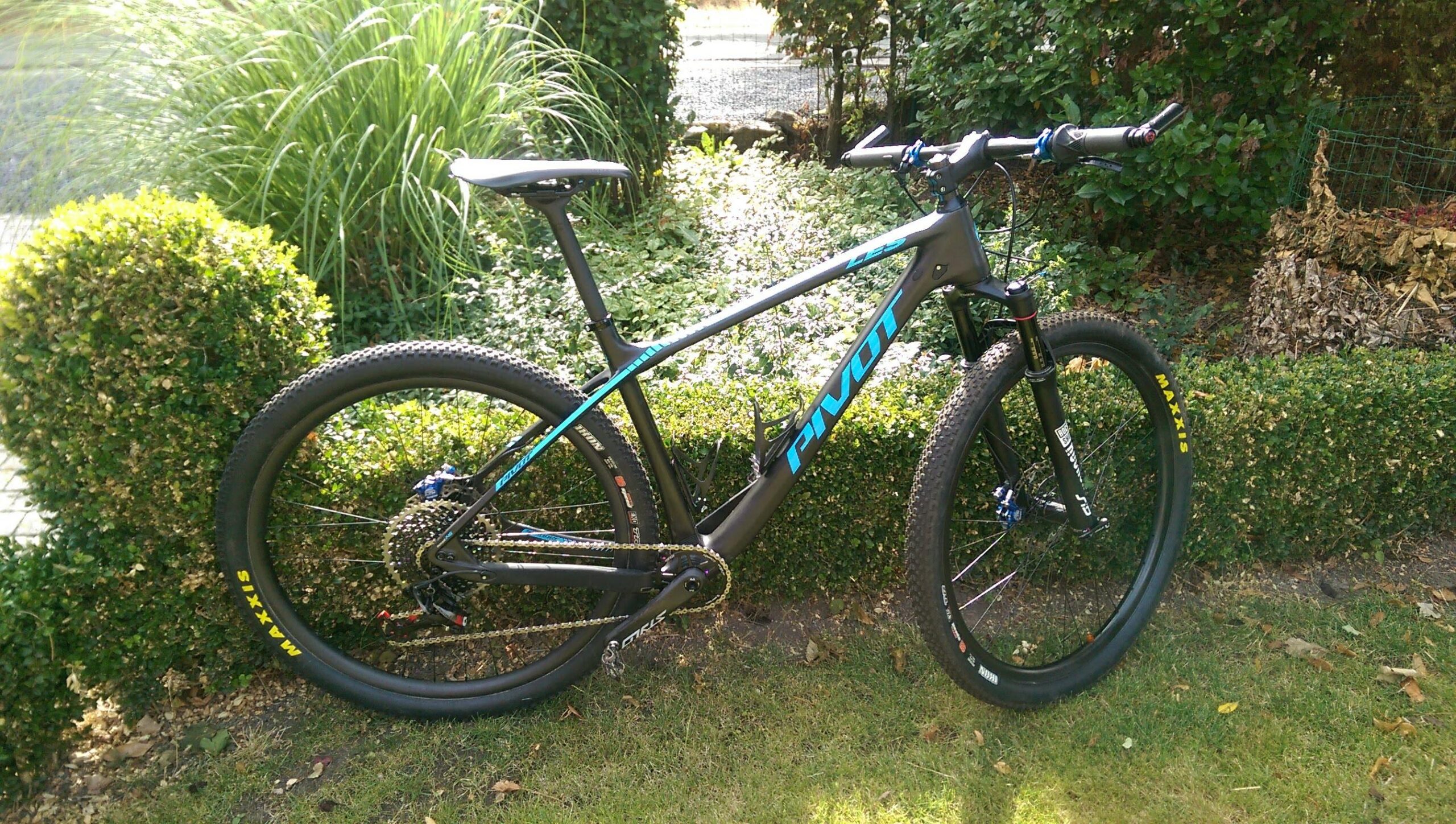 Pivot LES 29er: A black and blue mountain bike stands against a neatly trimmed hedge in a garden. The bike features thick tires labeled "Maxxis" and a modern frame design suitable for off-road riding. The scene is well-lit, highlighting the bike's sleek design amidst lush greenery.