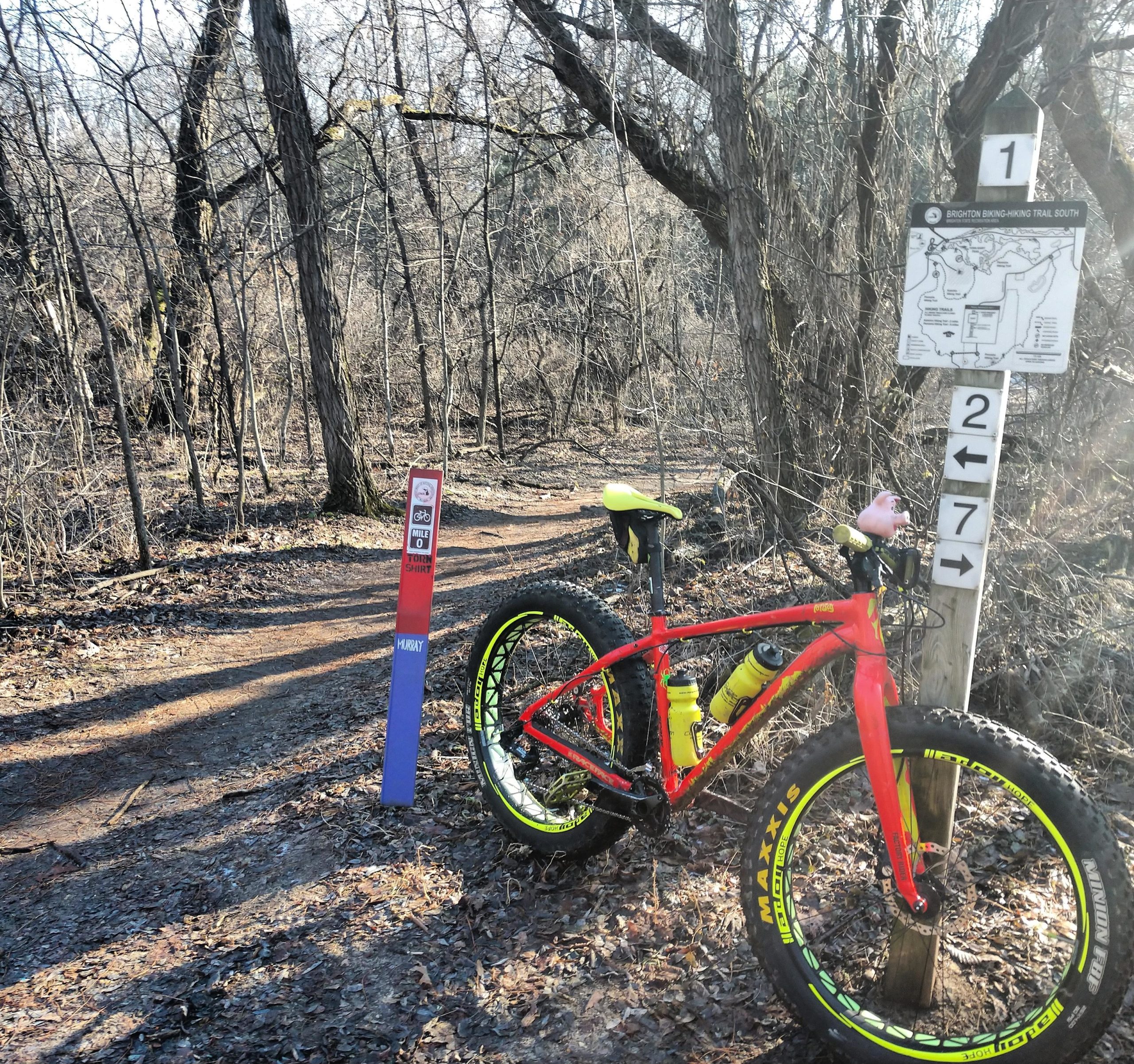 A bright red mountain bike with yellow accents is leaning against a wooden post along a dirt trail. The post features a trail map and numbered signs indicating paths for biking and hiking. Surrounding trees are bare, suggesting early spring or late fall, and the ground is covered with brown leaves. The atmosphere is tranquil and natural, perfect for outdoor adventures. Brighton Rec Area mountain bike trail.