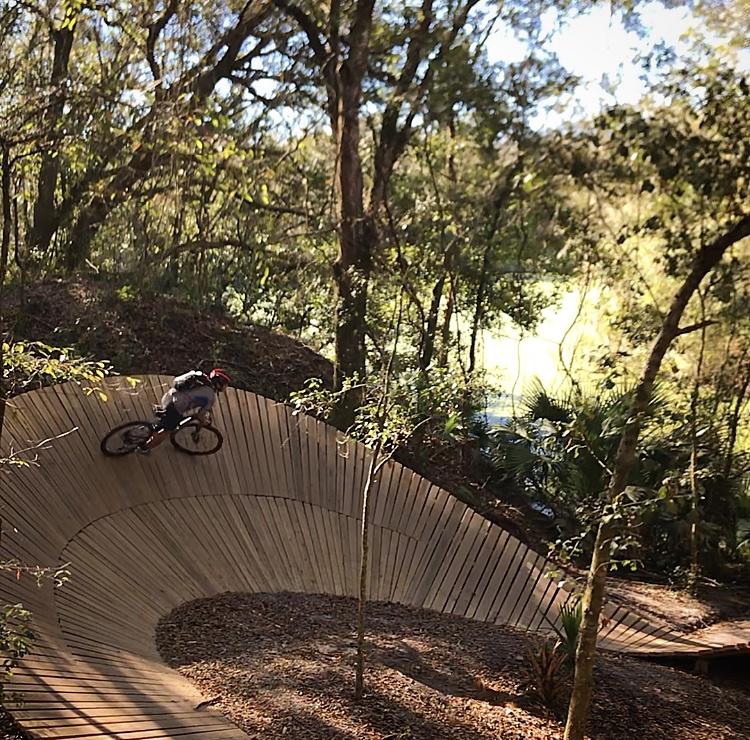 A mountain biker maneuvering on a curved wooden track through a lush, wooded area, with greenery surrounding the path and sunlight filtering through the trees. Alafia River State Park mountain bike trail.