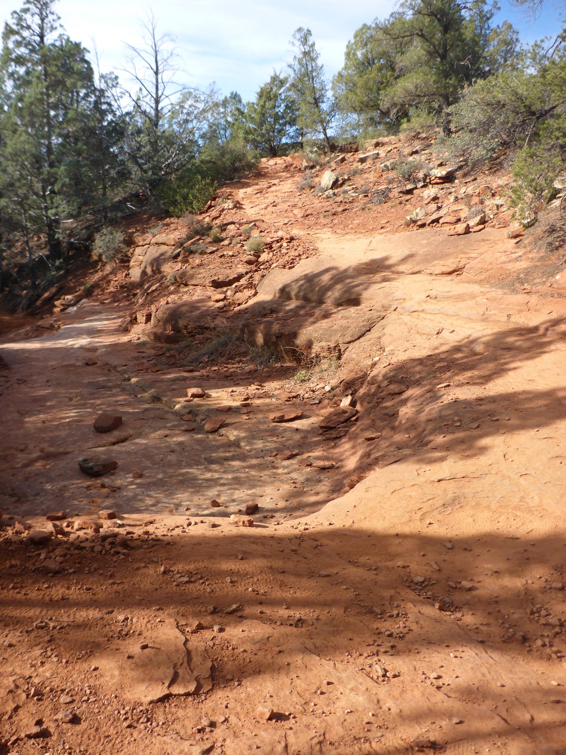 A rugged, reddish dirt trail winding up a hillside, surrounded by sparse vegetation and trees. The ground is rocky with some larger stones visible, and patches of bare earth showcase the natural landscape. The sky above is partly cloudy, adding depth to the serene outdoor scene. Chuck Wagon mountain bike trail.