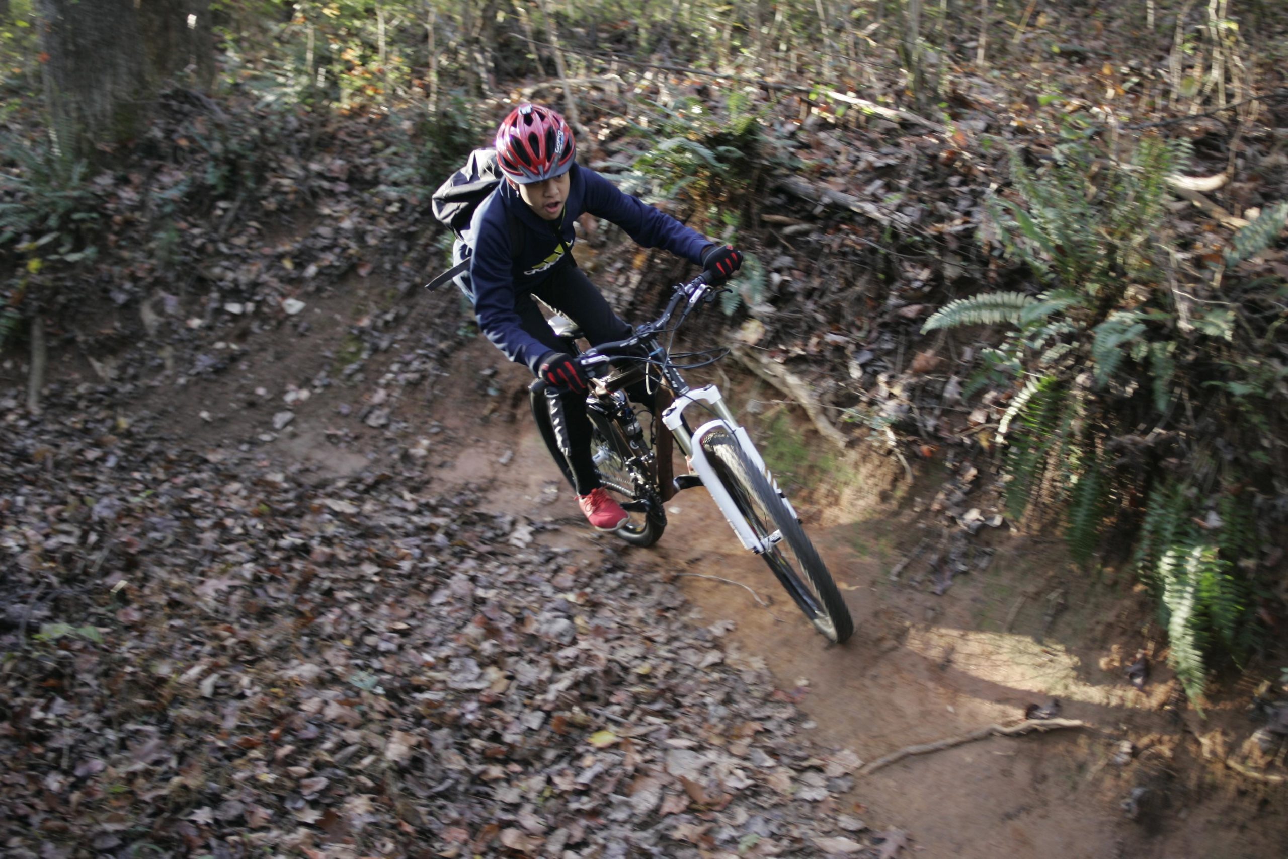 A young cyclist navigating a dirt trail covered with fallen leaves, wearing a red helmet and gloves, and dressed in a navy long-sleeve shirt and black pants. The background features trees and ferns, indicating a forested area. Hobby Park mountain bike trail.