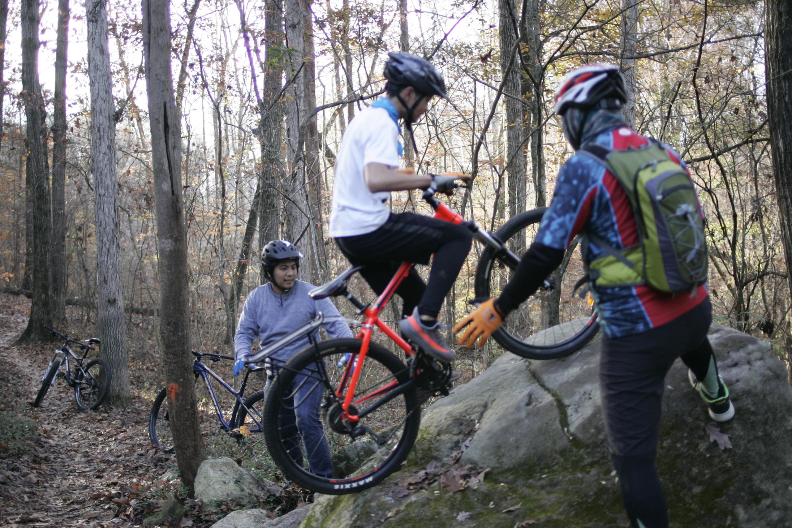 A group of mountain bikers navigating rocky terrain in a forested area during autumn. One rider is in the process of lifting their bike over a large rock while another cyclist observes. Two additional bikes are parked nearby on a trail in the background, surrounded by fallen leaves and trees. Hobby Park mountain bike trail.