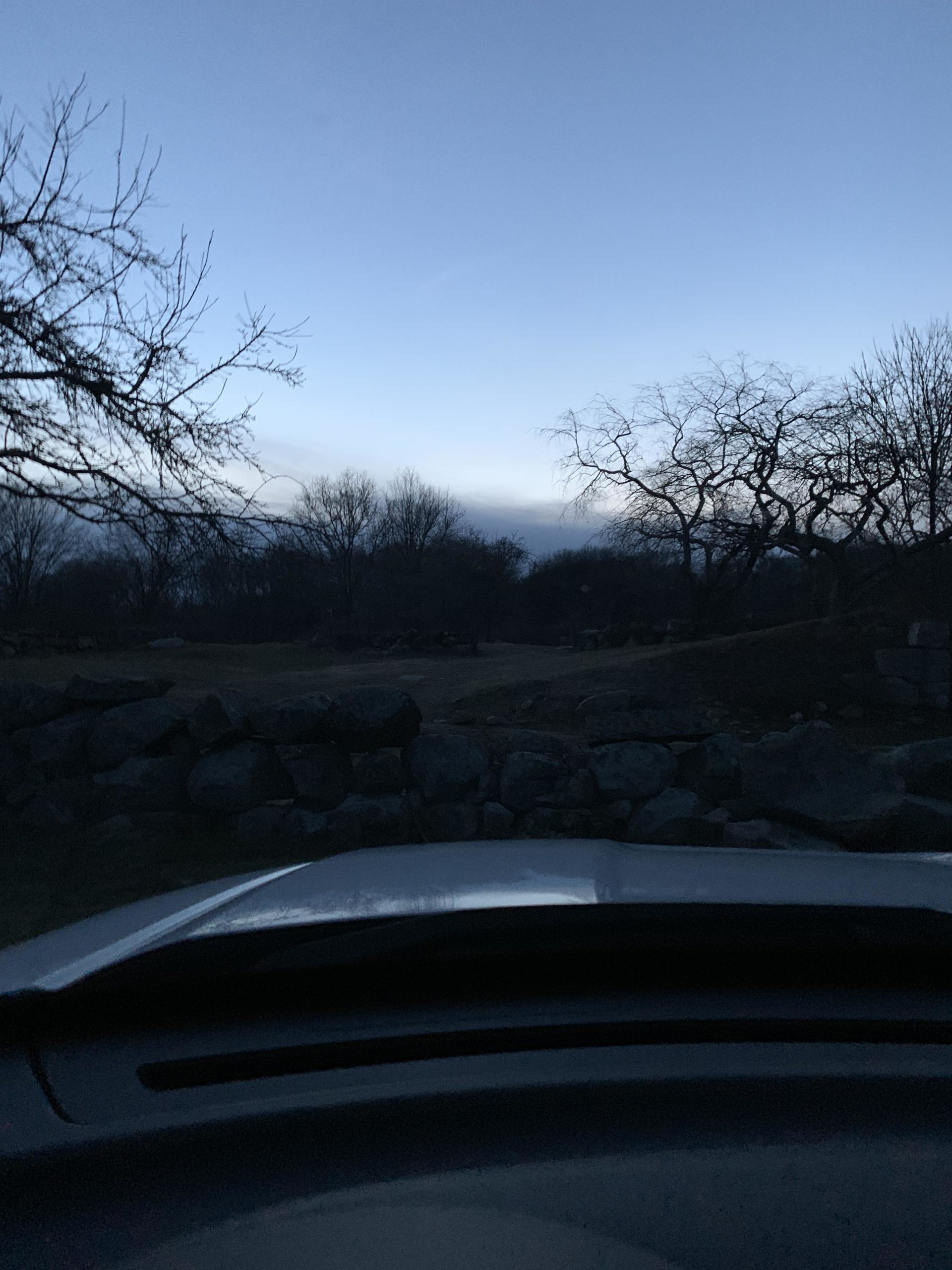A view from inside a car looking out at a darkening landscape with bare trees and a stone wall in the foreground. The sky is transitioning from twilight to night, with soft shades of blue and gray. Haley Farm mountain bike trail.
