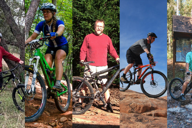 A collage of five images featuring individuals riding mountain bikes in various outdoor settings. The first image shows a man standing next to a black bike in a grassy area. The second image features a woman on a green mountain bike, navigating a wooded trail. The third image presents another man, standing with a black bike in a forested environment. The fourth image captures a different man riding an orange mountain bike on rocky terrain. The final image includes a man in a light blue shirt, seated on a black bike near a trail map.