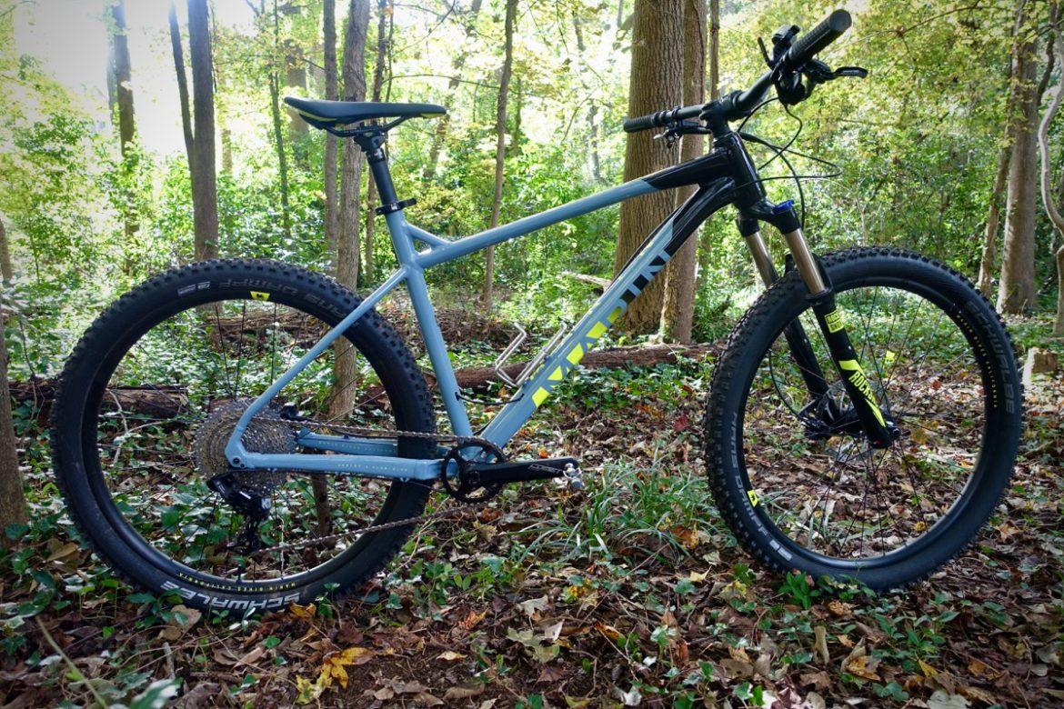 Marin San Quentin 2: A mountain bike with a blue and black frame, featuring thick tires, is positioned on a forest floor covered with leaves and greenery, with trees in the background. The bike is angled to show its frame and wheels clearly, highlighting its design and rugged build.