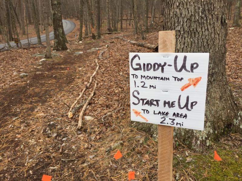 A wooden sign in a wooded area with two directions: "Giddy-Up" pointing to the mountain top, 1.2 miles away, and "Start Me Up" leading to the lake area, 2.3 miles away. The ground is covered in fallen leaves, with a winding road visible in the background. Cacapon State Park mountain bike trail.