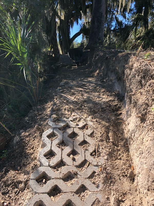 A partially constructed pathway made of hexagon-shaped paving stones set into the soil, surrounded by greenery and tall trees. The ground is uneven, with visible dirt and roots. Sunlight filters through the trees, creating a natural atmosphere. Loyce E. Harpe Park mountain bike trail.