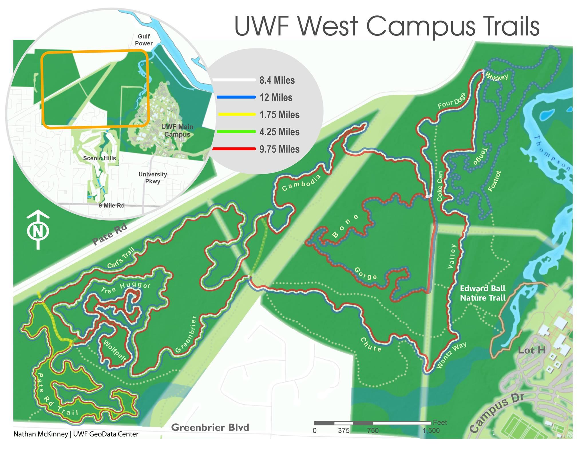 Map of UWF West Campus Trails, featuring various trails marked in red and blue, with distances ranging from 1.75 miles to 12 miles. Includes an inset map showing the surrounding area, labeled landmarks, and a directional compass. UWF Mountain Bike Trails mountain bike trail.