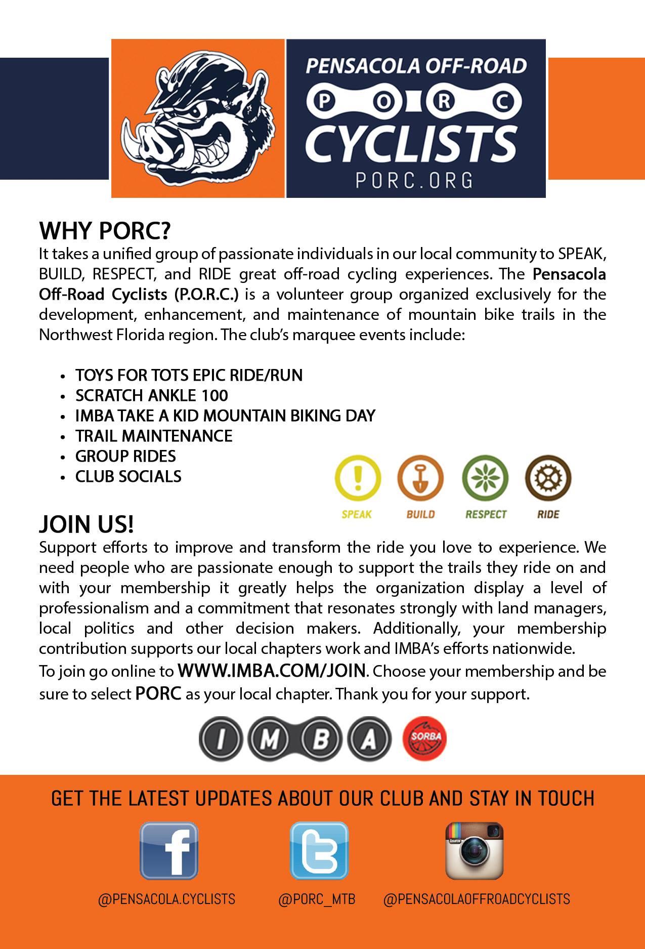 Alt text: "A promotional flyer for the Pensacola Off-Road Cyclists (P.O.R.C.), detailing the club's activities and events, including opportunities for community involvement in mountain biking and trail maintenance. The flyer features a logo with a raccoon mascot and lists events such as 'TOYS FOR TOTS EPIC RIDE/RUN' and 'IMBA TAKE A KID MOUNTAIN BIKING DAY'. Social media handles for the club's platforms are included at the bottom." UWF Mountain Bike Trails mountain bike trail.