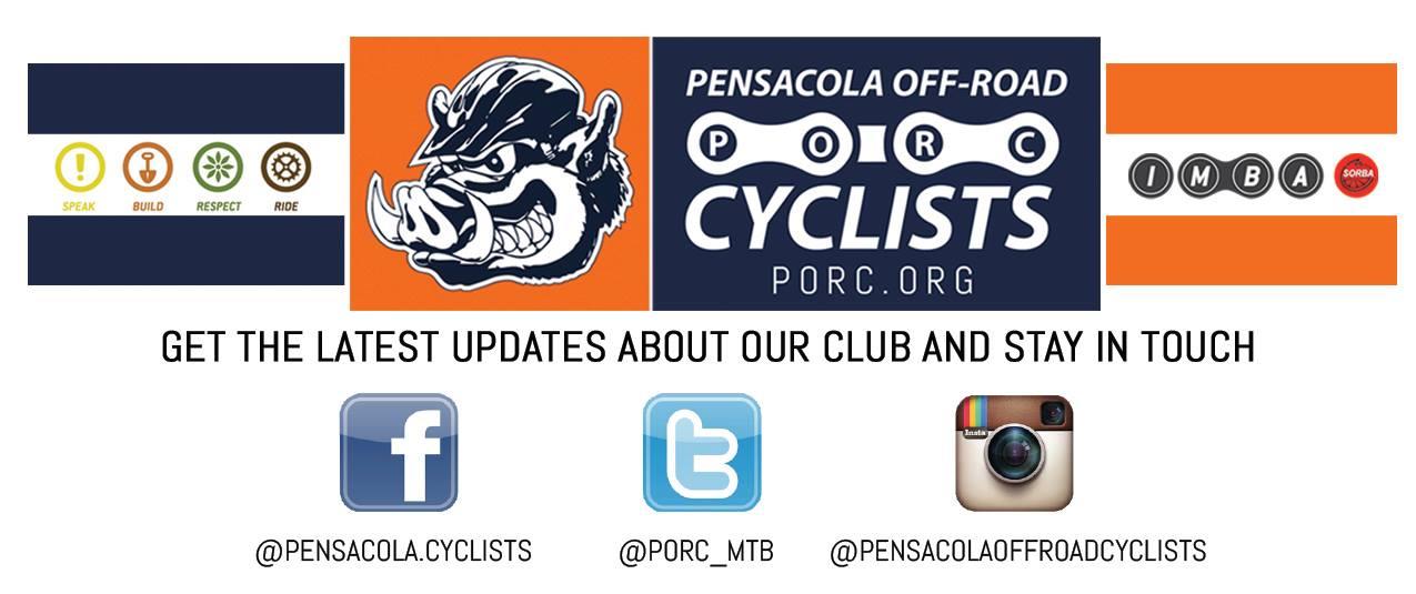 Image featuring the Pensacola Off-Road Cyclists (PORC) logo along with social media icons for Facebook, Twitter, and Instagram. The message encourages viewers to get the latest updates about the club and highlights four guiding principles: Speak, Build, Respect, Ride. The design includes a stylized boar and logos from affiliated organizations.