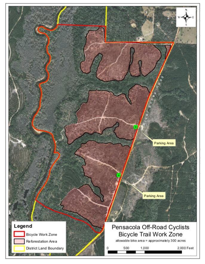 Alt text: Map of the Pensacola Off-Road Cyclists Bicycle Trail Work Zone showing designated areas for bicycle work, reforestation, and district land boundaries, including marked parking areas and a scale bar. Muscogee Mountain Bike Trails mountain bike trail.