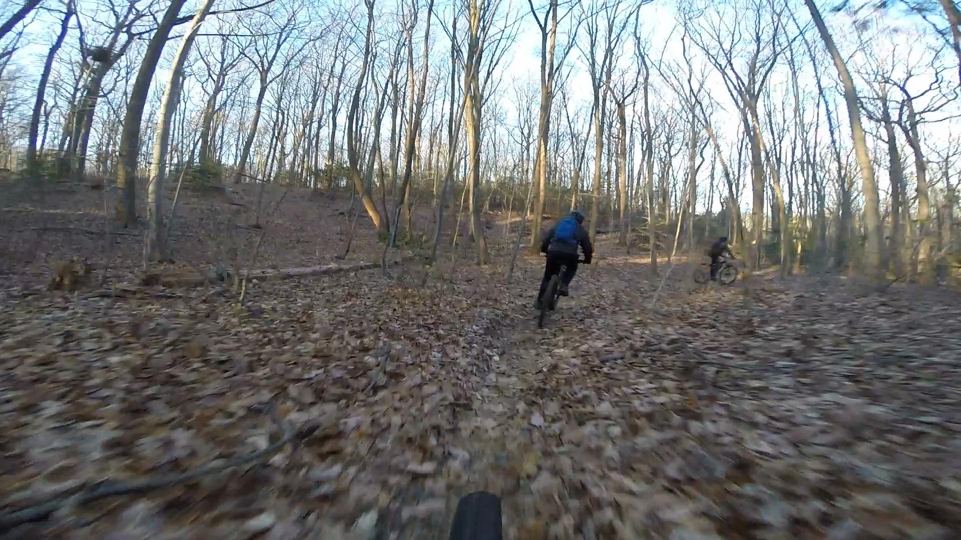 Two mountain bikers riding through a wooded trail covered with fallen leaves during the early morning. The trees are bare, indicating it is late autumn or early winter. The scene captures the motion and adventure of mountain biking in a natural setting. Hartshorne Woods Park mountain bike trail.
