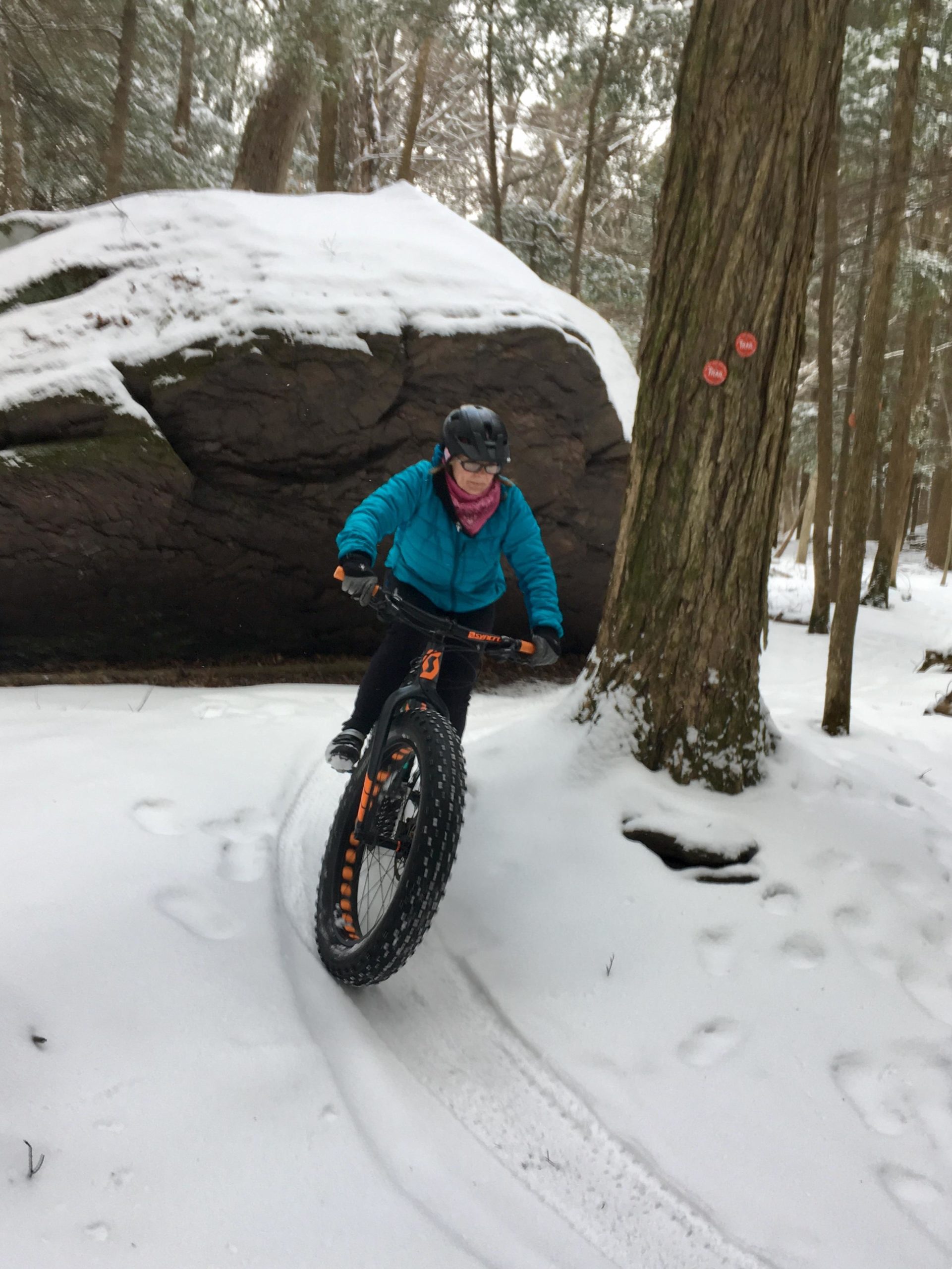 A person riding a fat tire bike through a snowy forest trail, with a large rock and a tree in the background. The rider is wearing a helmet and a blue jacket, with a pink scarf around their neck, as they navigate the snowy terrain. Snow-covered trees are visible around the scene. Elm Ridge mountain bike trail.